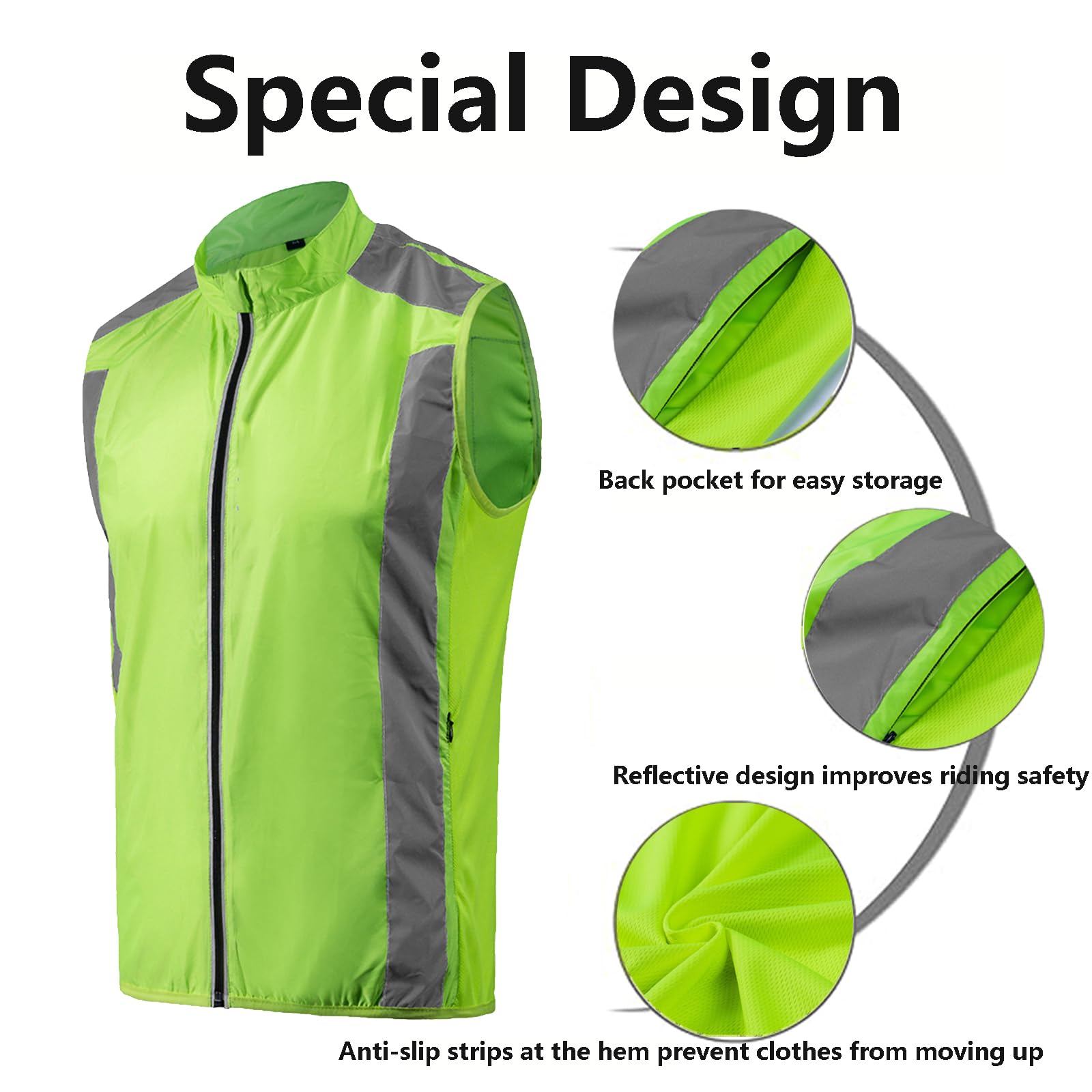 Chaleco de Ciclismo para Hombre y Mujer Chaqueta de Secado Rápido Chaleco sin Mangas de Alta Visibilidad Maillot Deportivo para Senderismo y Jogging,Green-M