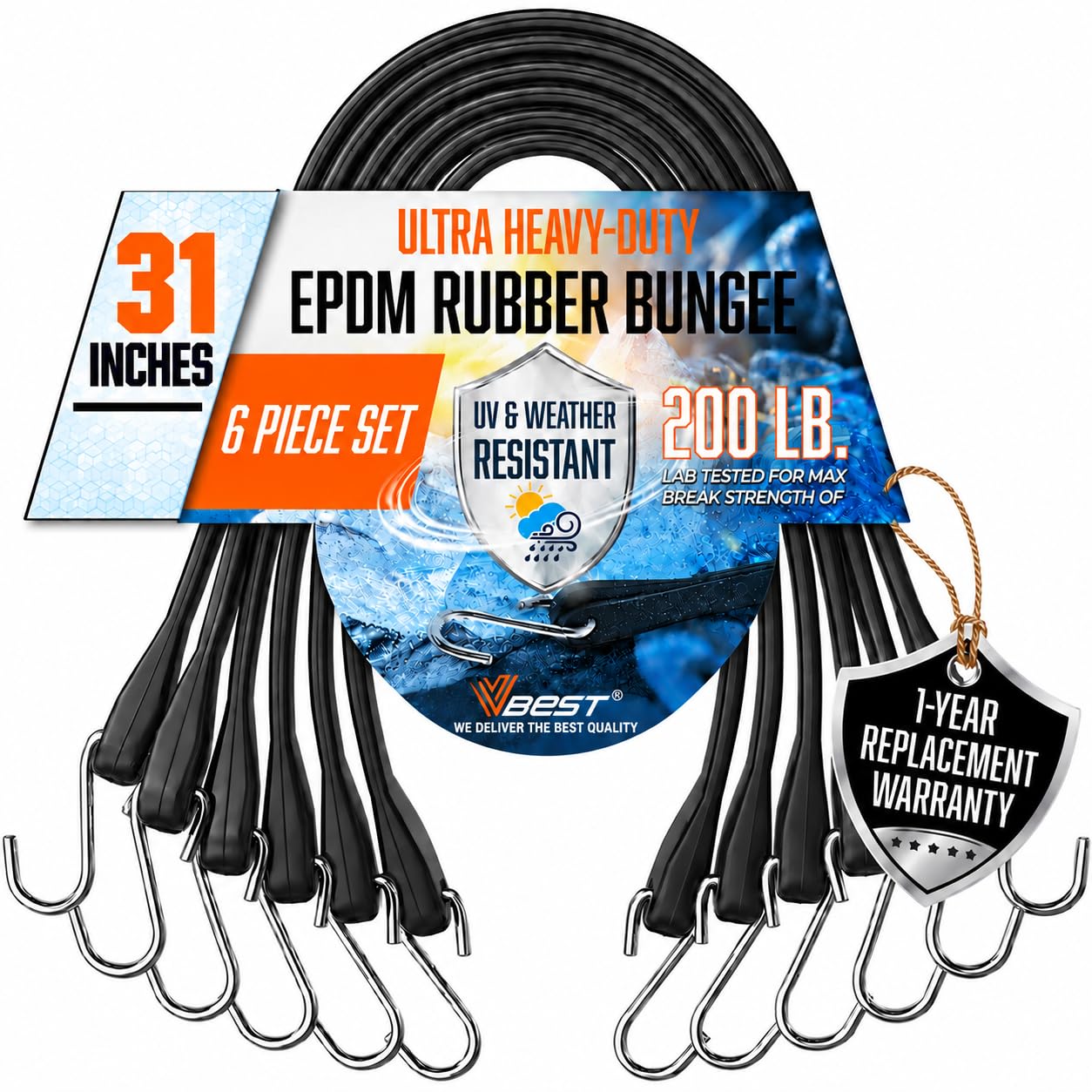 EPDM Rubber Bungee Cords with Hooks - 6x31 Heavy Duty Outdoor Straps
