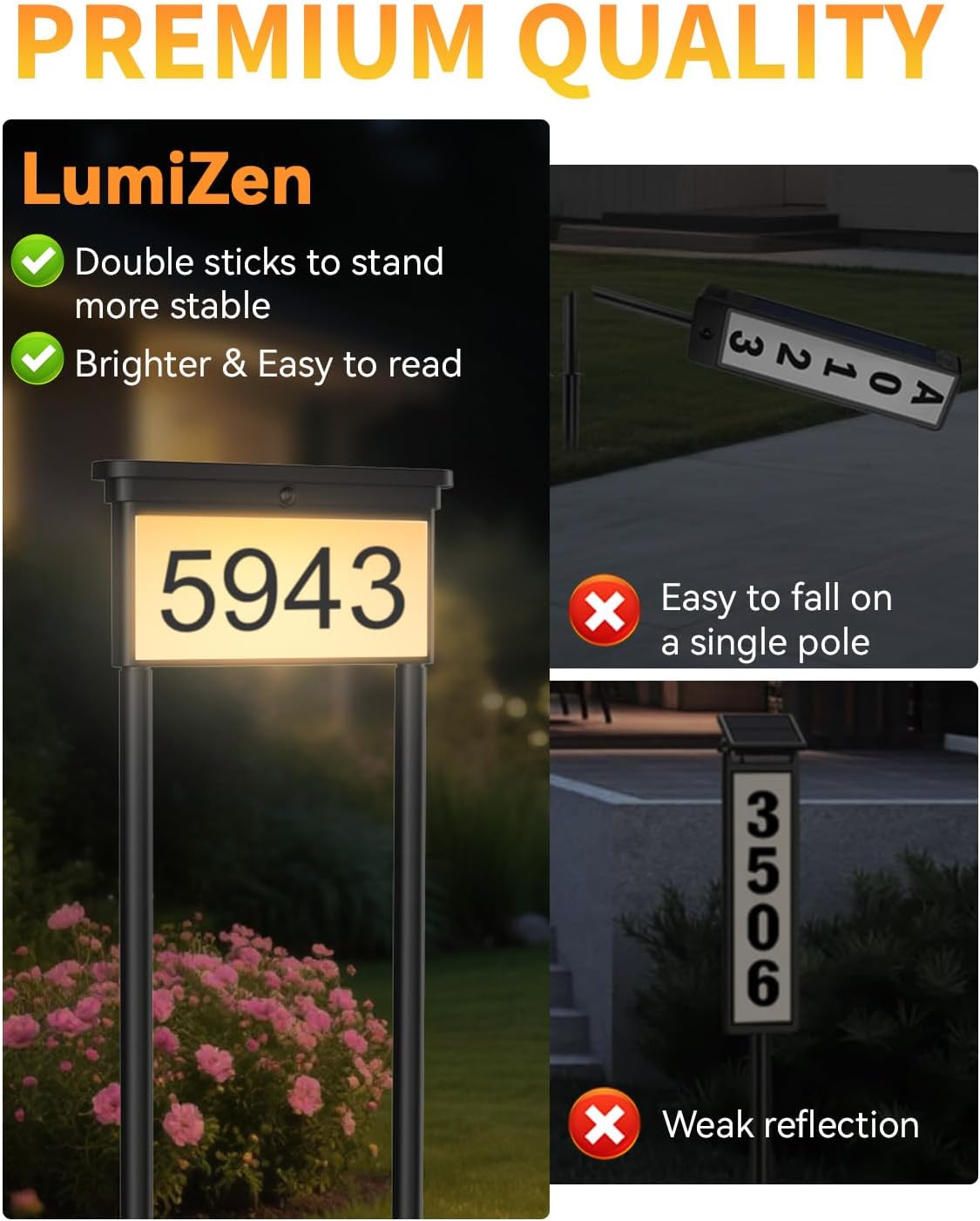 LumiZen New Upgraded Solar Address Sign,Double Sided Glow House Numbers with Auto On/Off, 3-Color Lighting Modes Mailbox Number Plaque Waterproof, Dual Stakes for Home Yard Driveway