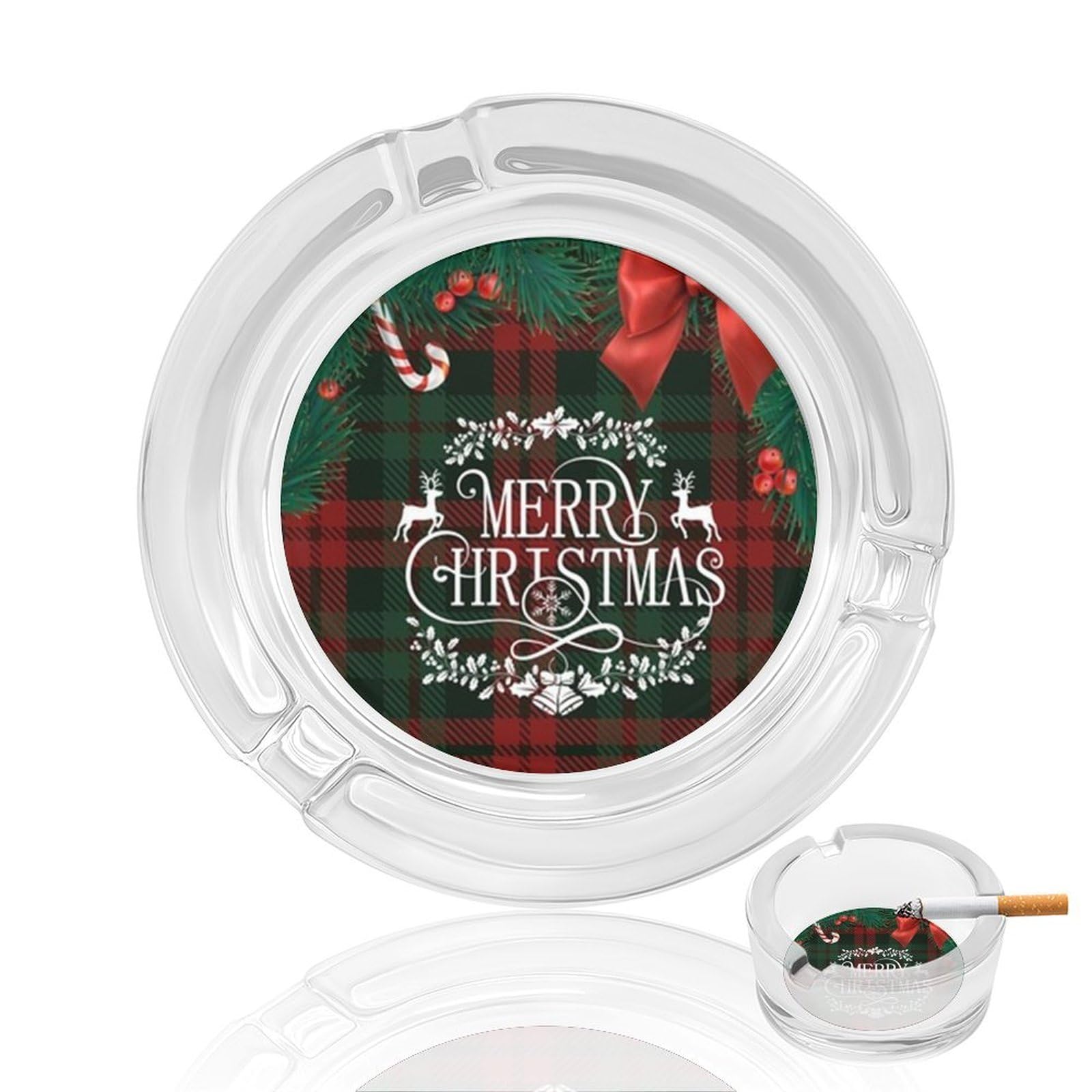 Christmas134 Glass Ashtray 3.3 Inch Round Cigarette Ash Holder with 4 Grooves for Home Office Outdoor One Size