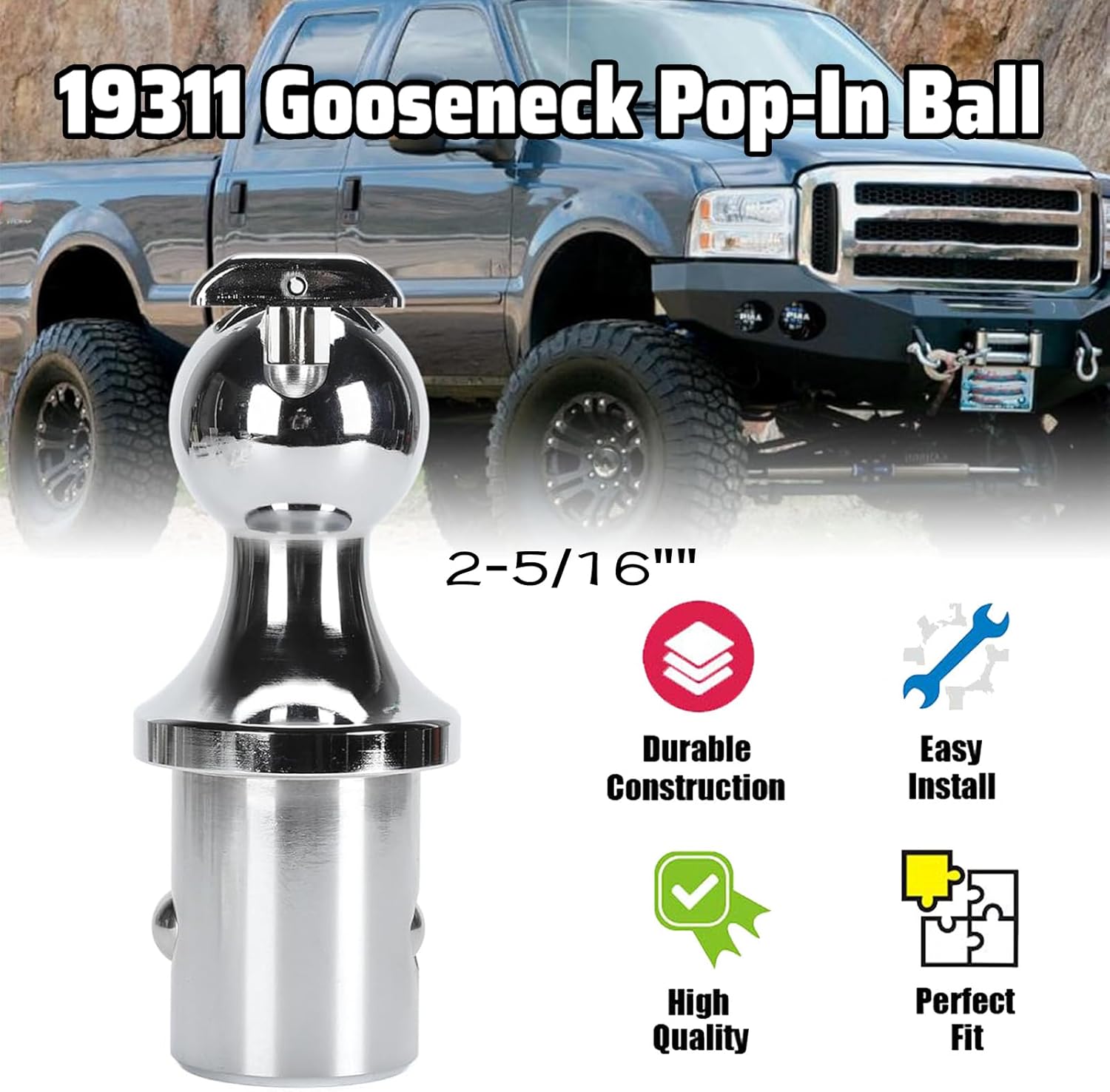Elite 19311 2-5/16"" Pop-in Ball Fits for Elite Under-Bed Bolt-On Gooseneck Head
