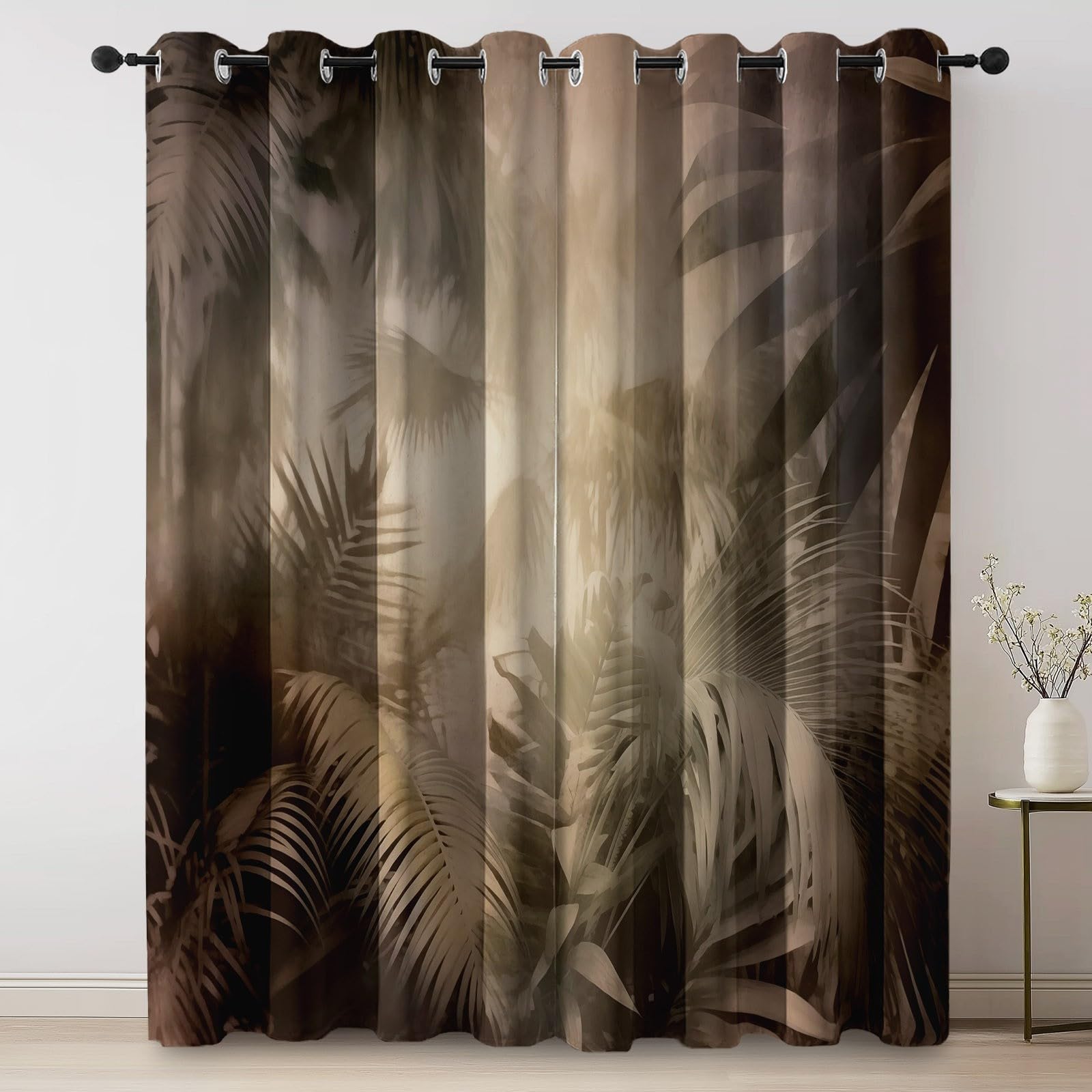 Zasłona zaciemniająca, naturalne rośliny dżungli, termoizolacyjne zasłony z oczkami, do okien, salonu, sypialni 140 x 245 cm (2 panele), jasnobrązowy