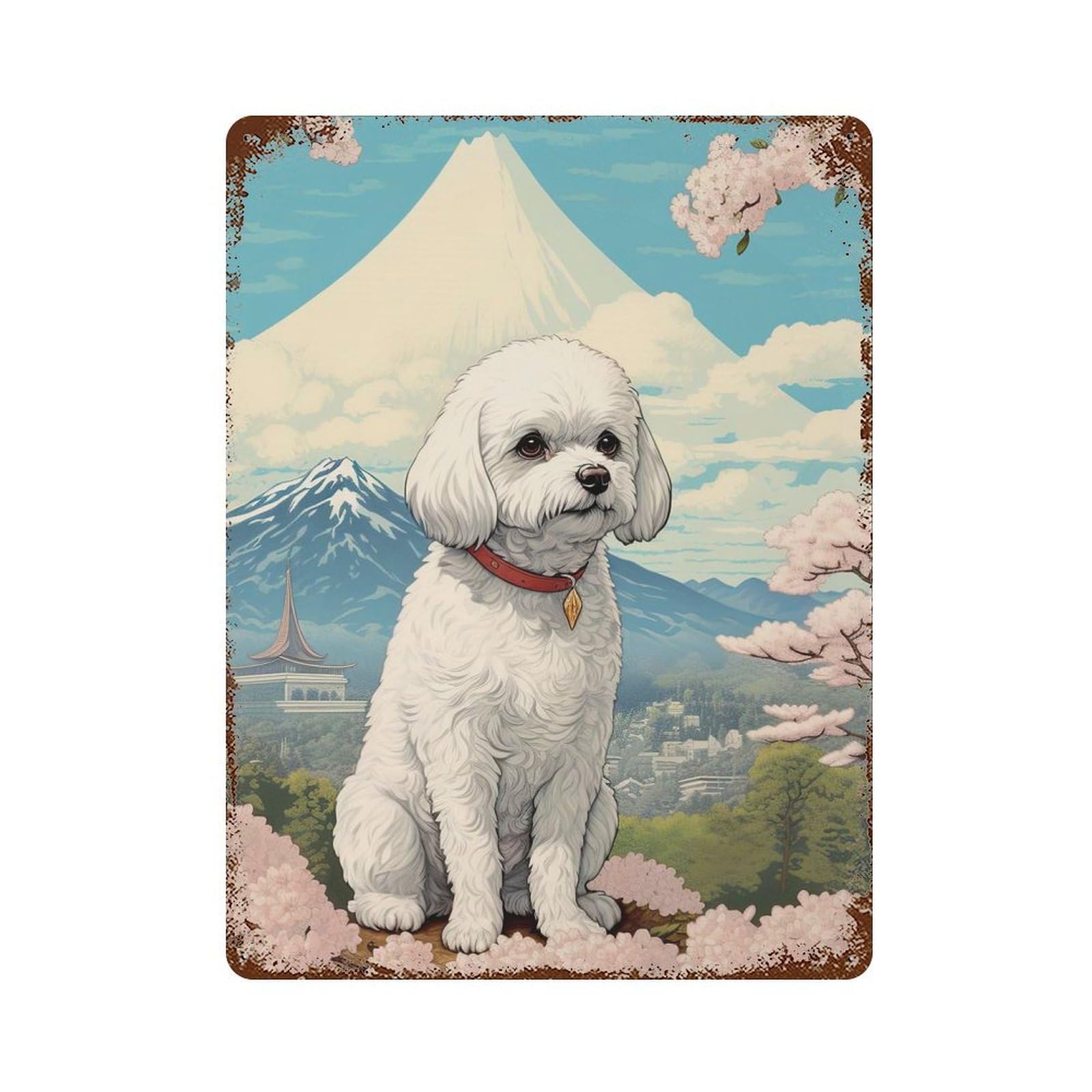 Bichon Frise Mount Fuji Retro Metal Sign 15.7"x11.8", Farmhouse Wall Decor for Cafe, Home Bar And Lounge Decor