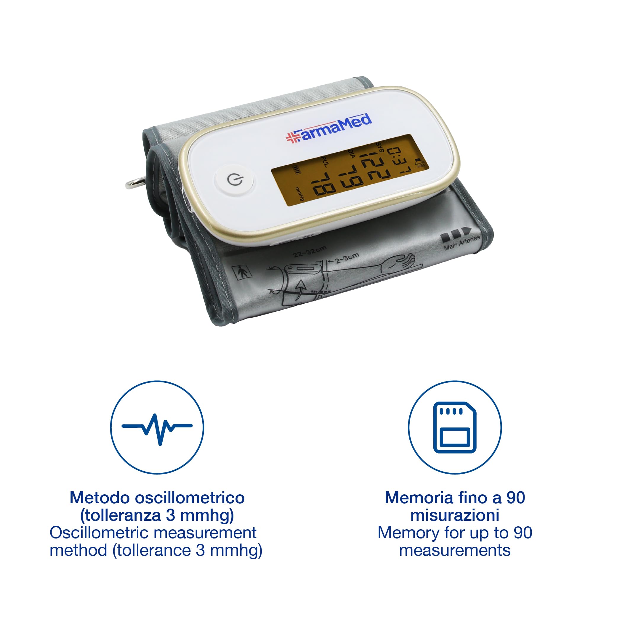 Tensiómetro digital sin cable para el brazo FarmaMed, esfigmomanómetro digital para el brazo, diastólica y sistólica, frecuencia cardiaca, 90 memorias, pantalla LCD, carga USB, con estuche