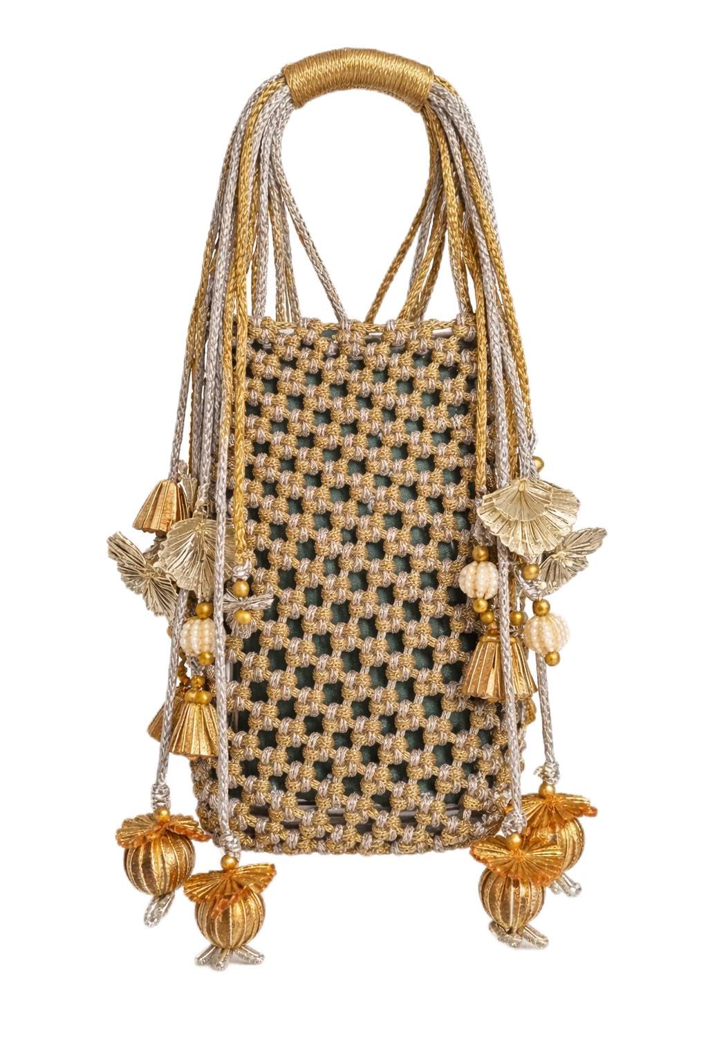 HEENUU Women’s Hand Purse with Handmade Boho Pouch Tassel Handbag Premium Designer Handbag for Mobile & Essentials,Ring Handle, OVER ALL STRECHEBLE BAG (SILVER& GOLDEN)
