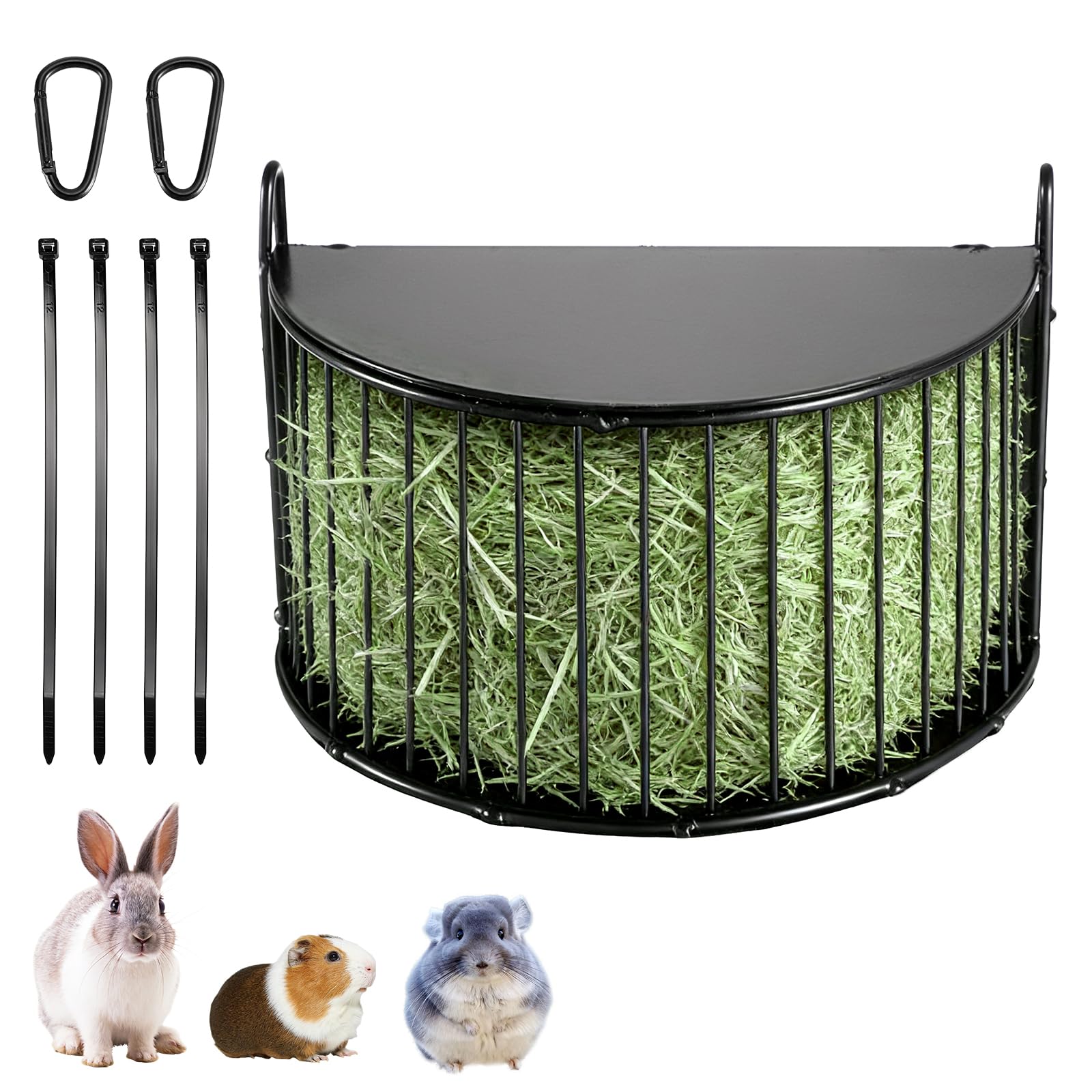 Upgraded Hay Rack for Rabbits, Bunny Feeder for Guinea Pigs Chinchillas, Black, Hanging Hay Feeder with Lid, Bunny Feeding Holder, Metal, Semicircular, Chinchilla Cage Accessories