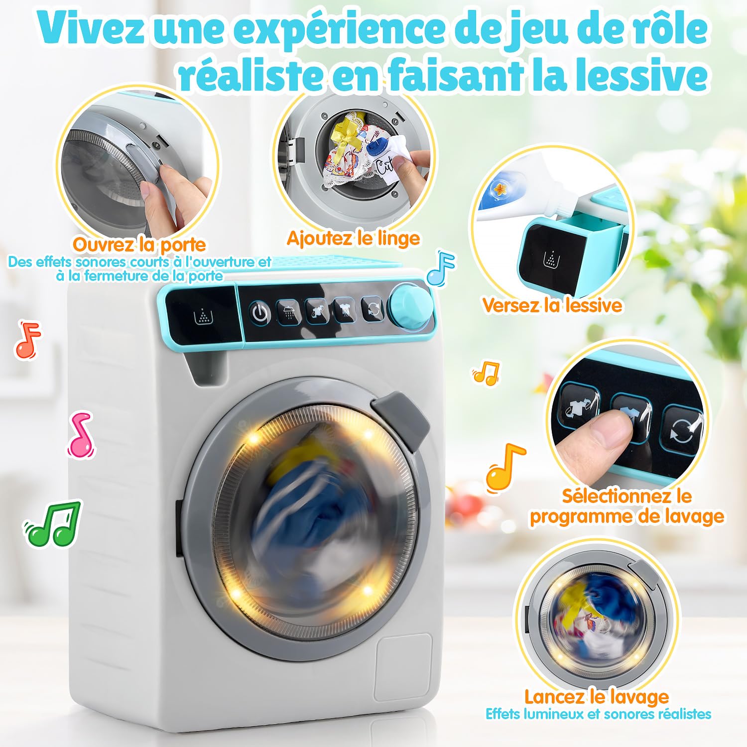 Play Machine A Laver Enfant, Électroniques Machine À Laver Jouet avec Sons Réalistes, Vêtements, paniers à Linge et Accessoires de Nettoyage, Jouet Menage Enfant pour Enfant 3-12 Ans