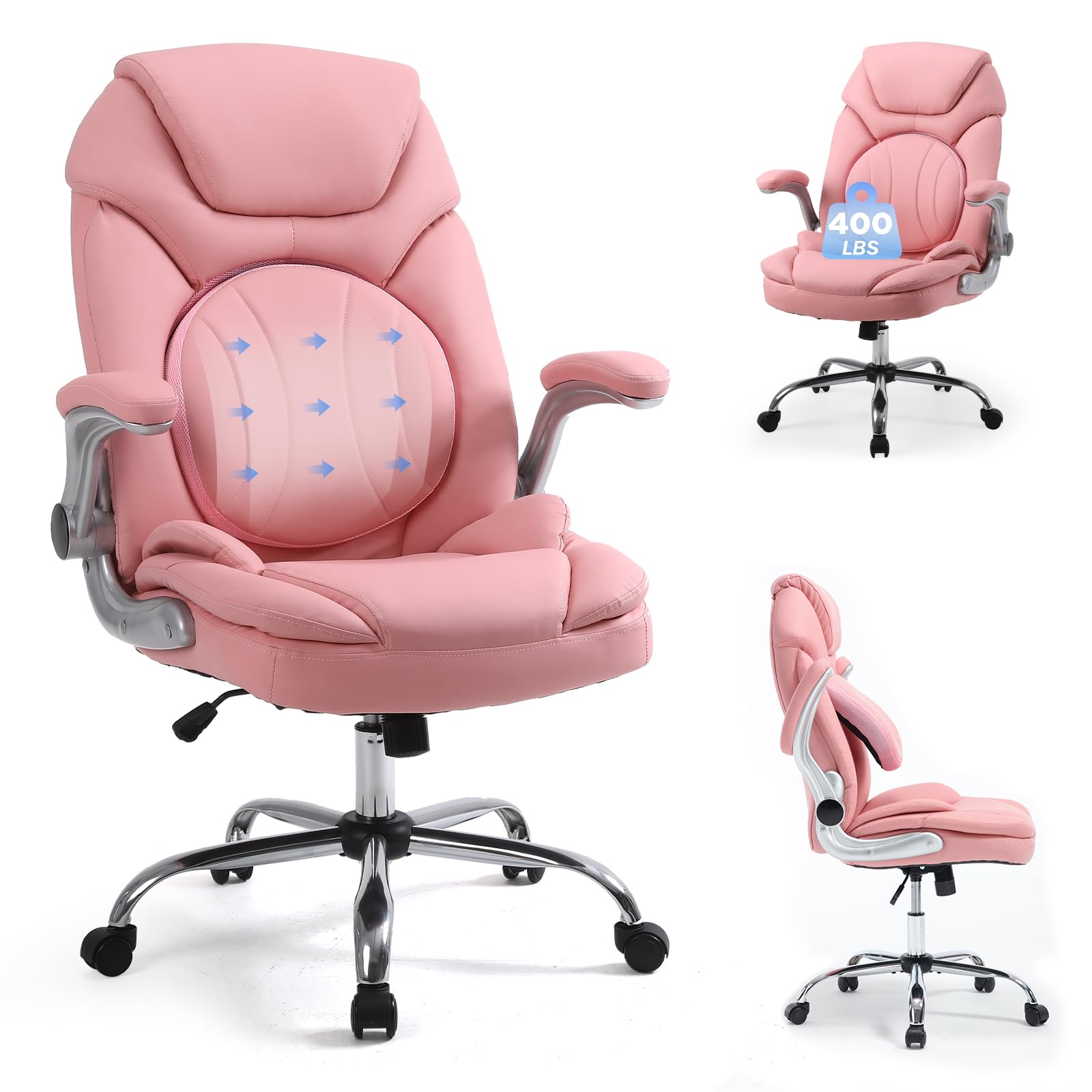Ergonomic Executive Office Chairs with Adjustable Lumbar Support, 90-120° Rocking Managerial Chair Swivel Desk Chairs with Padded Flip-up Armrests (Pink), Medium(300lbs)