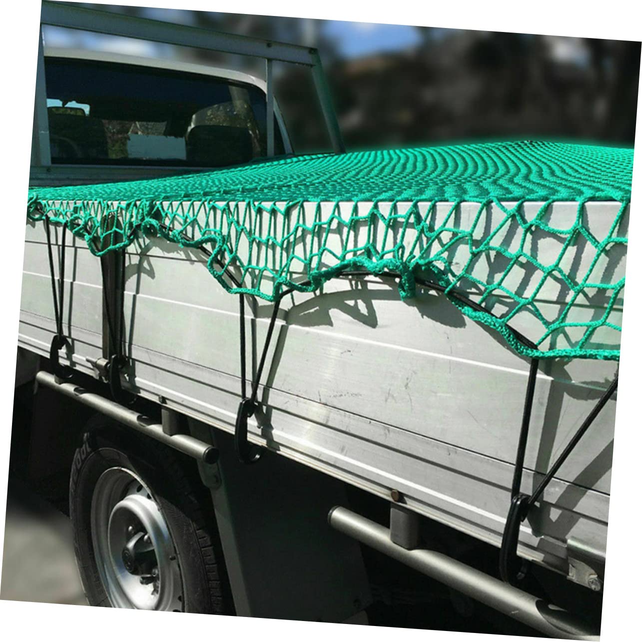 Happyyami Rete di Carico in Nylon Resistente per Cassone Pick-up Verde con 15 Ganci e Corda Elastica, per Campeggio e Trasporto Sicuro di Piccoli Oggetti