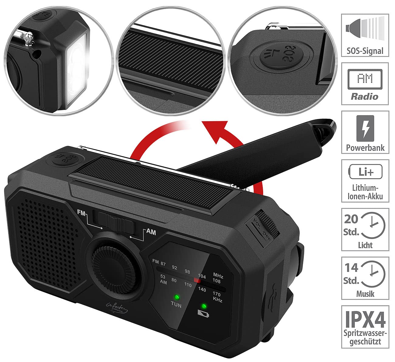 infactory Solar Radio Kurbelradio: Solar- und Dynamo-Kurbel-Radio mit LED-Licht, SOS, Powerbank-Funktion (Kurbelradio mit Solarpanel, Notfallradio Kurbel &, Mini)