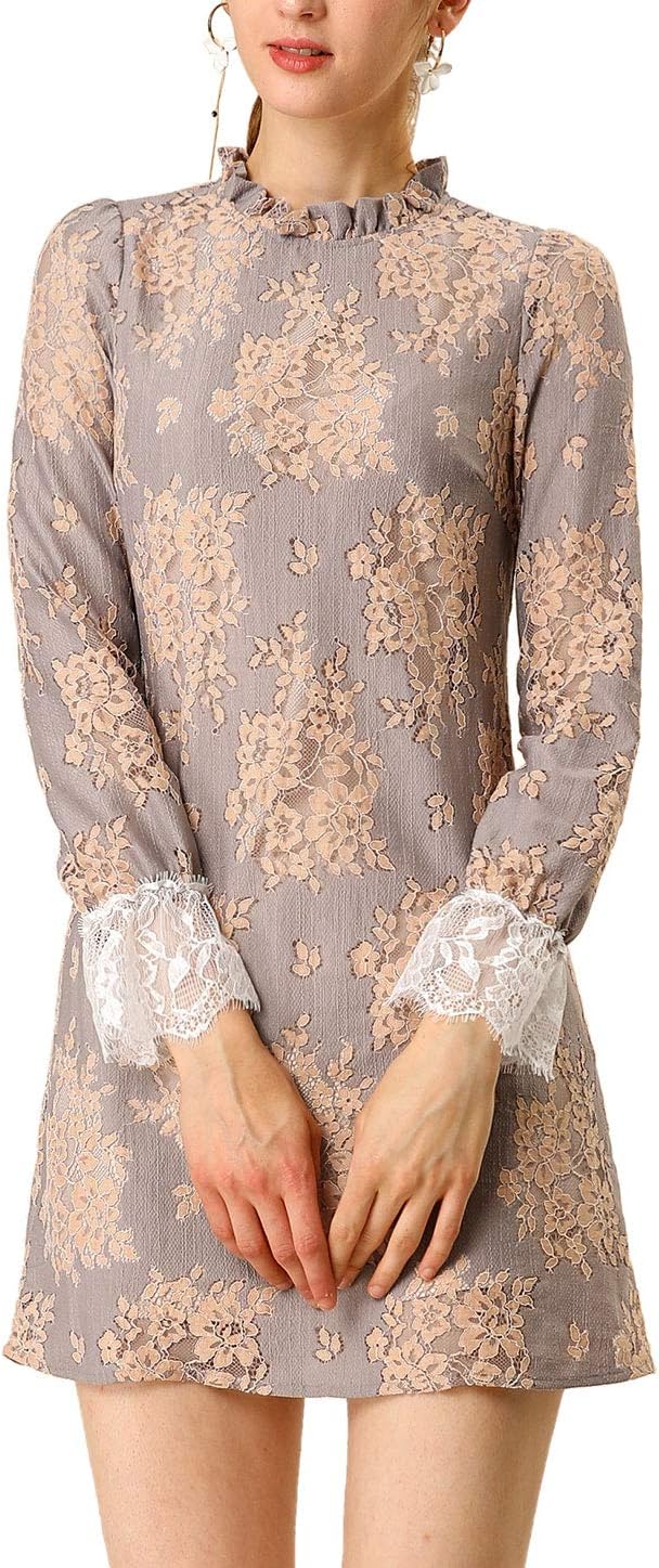 Allegra K Women's Cocktail Elegant Ruffle Crew Neck Floral Lace Shift Dress