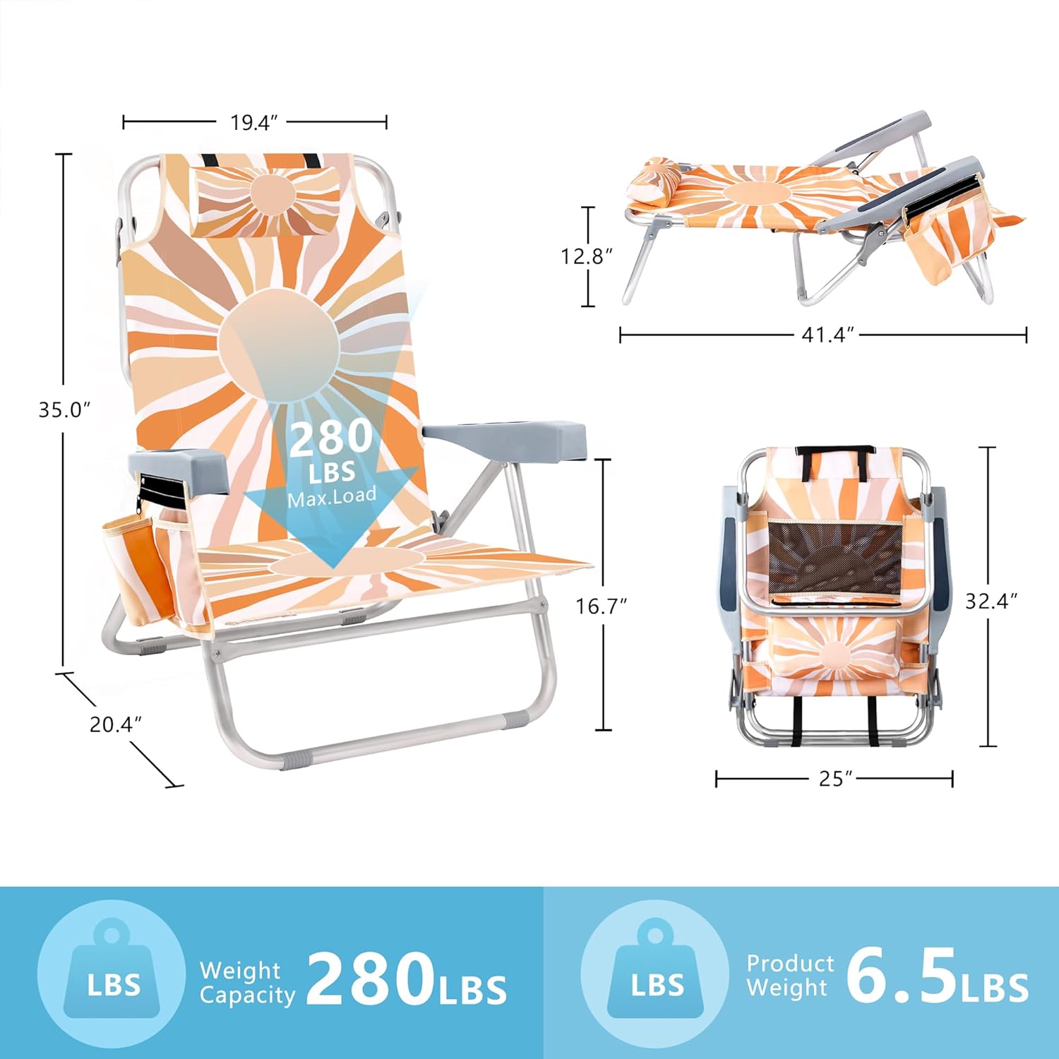 Beach Chair for Adults, 5 Position Lay Flat Backpack Beach Chair with Cooler, Cup Holder and Storage Bag, Portable Folding Heavy Duty Beach Lounger for Outdoor, Lawn, Camping, Festivals-Boho Sun