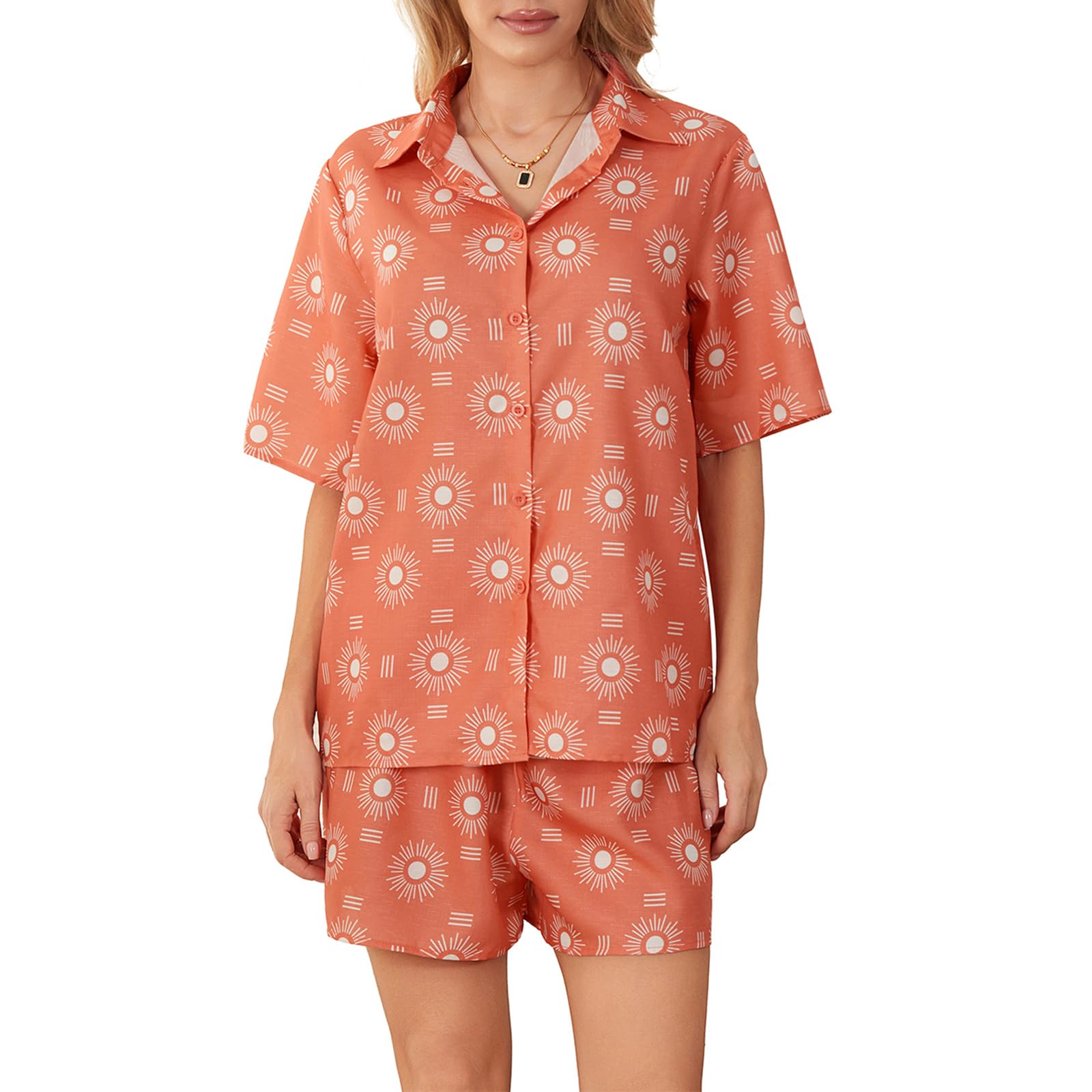 Women's Oversized 2 Piece Outfits Fashion Printed Short Sleeve Button Down Shirt Shorts Co Ord Set Summer Streetwear Beachwear (V-Orange, S)