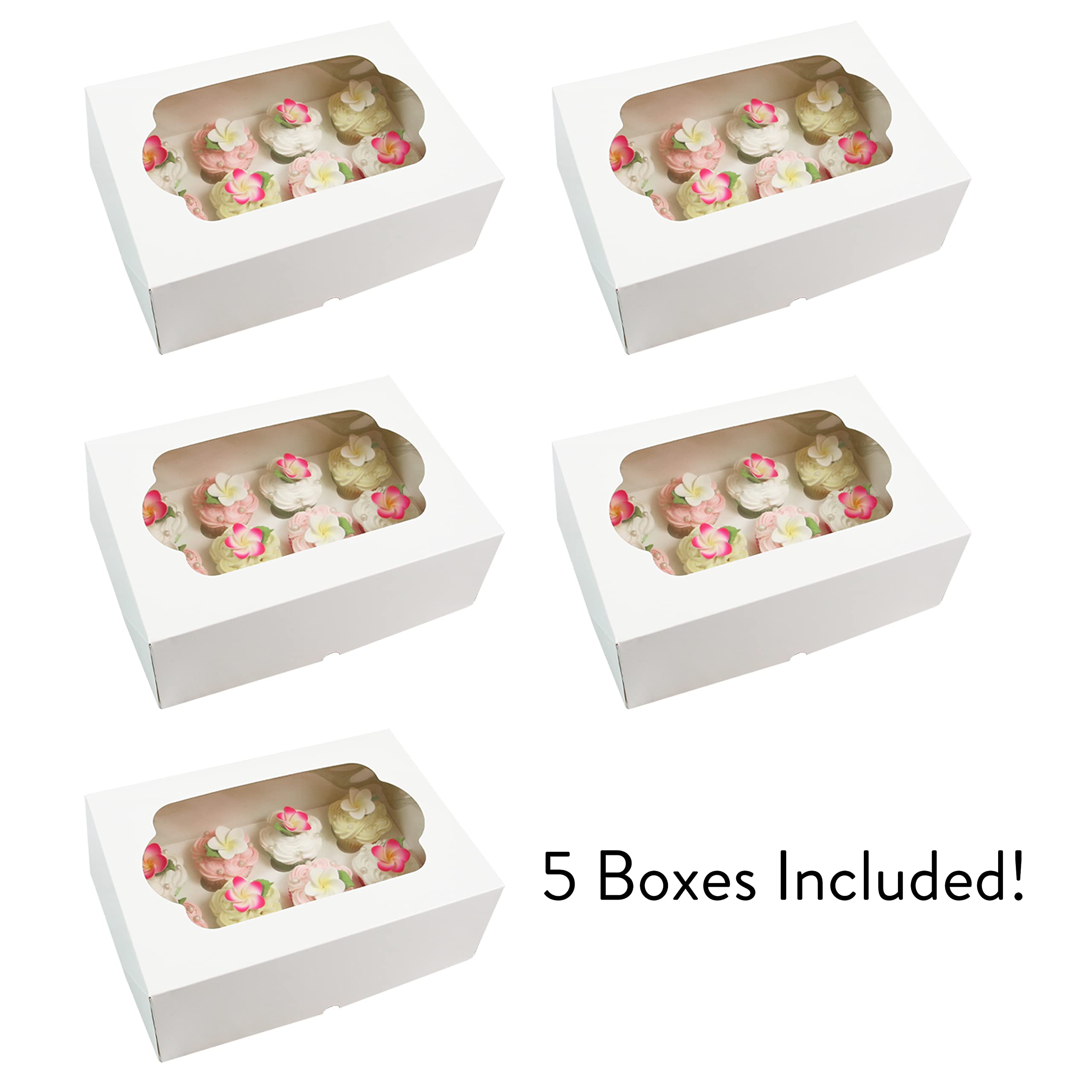 Global Sugar Art Auto-Popup - Caja para tartas y cupcakes extra profunda con ventana e inserto para cupcakes, color blanco, 14 x 10 x 5 pulgadas, 5 unidades