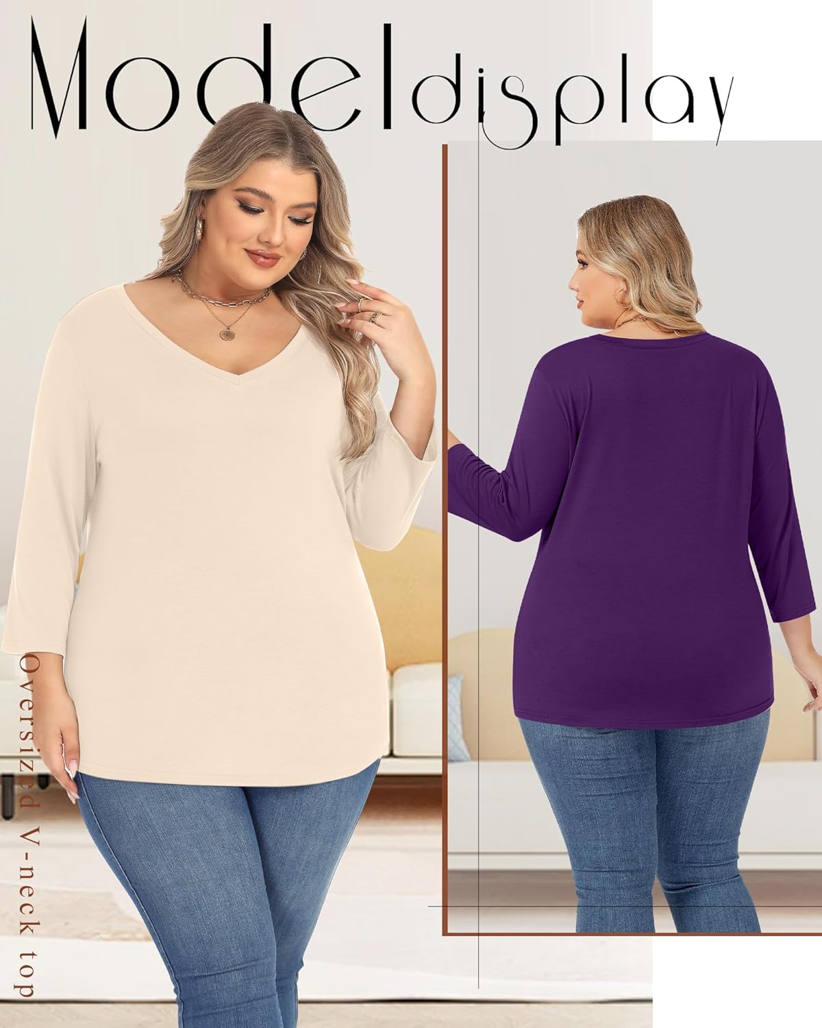 Ficerd 3 Pack Cotton Plus Size 3/4 Sleeve Tops for Women V Neck T-Shirts Casual Loose Fit Trendy Basic Tees Clothes - Image 3