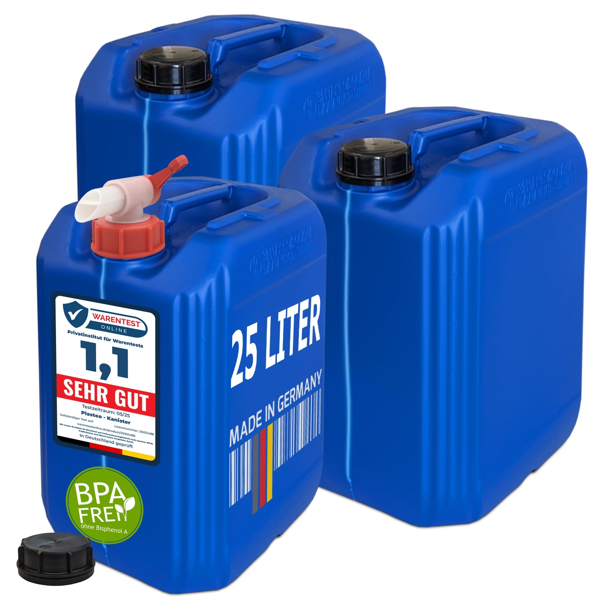 plasteo 25 Liter Getränke Wasserkanister mit 1 Hahn und Schraubdeckeln (DIN 61), Blau