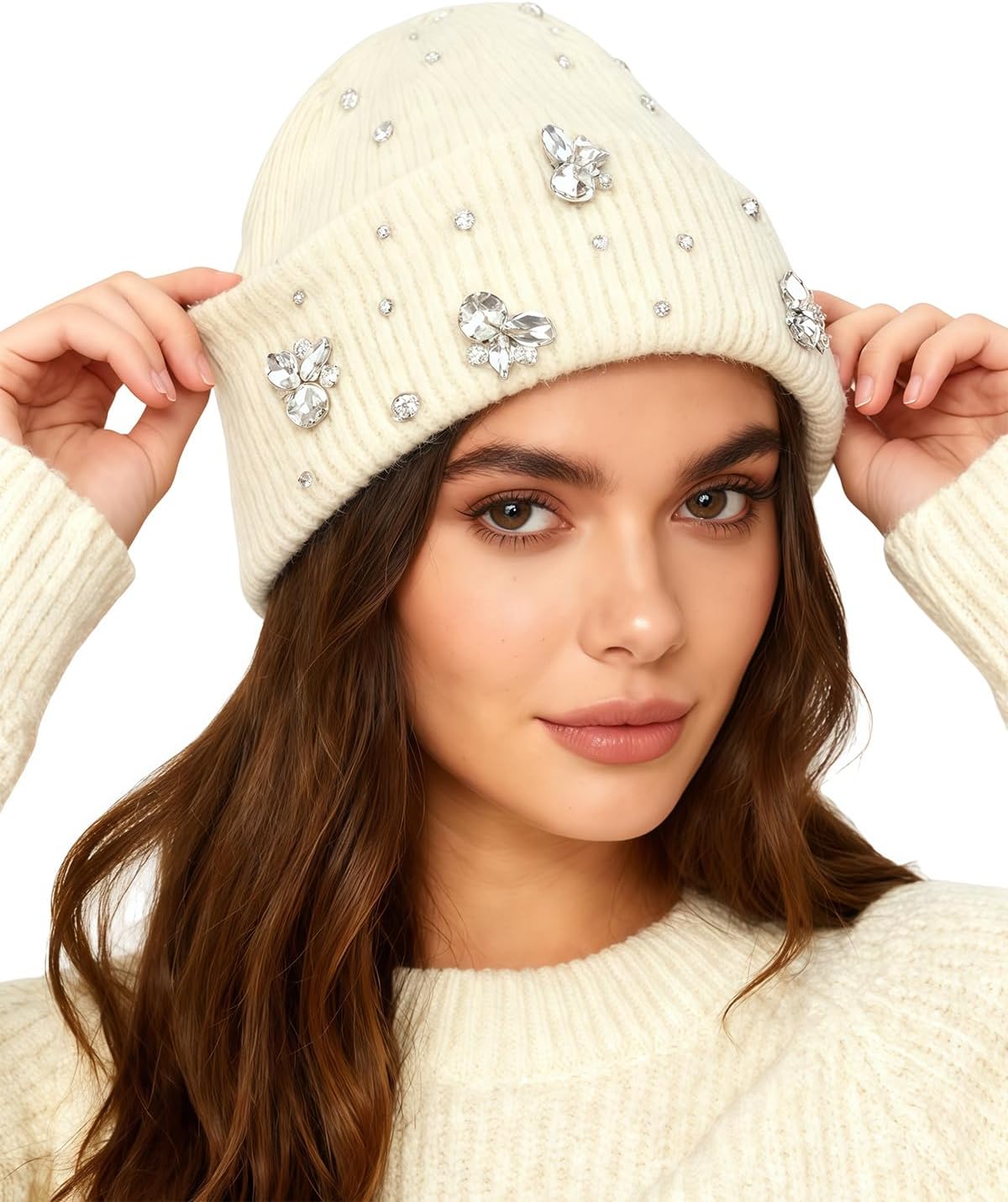 BOLLEY JOSS Womens Winter Beanies Sparkle Crystal Rhinestone Cuffed Knitted Beanie Hats