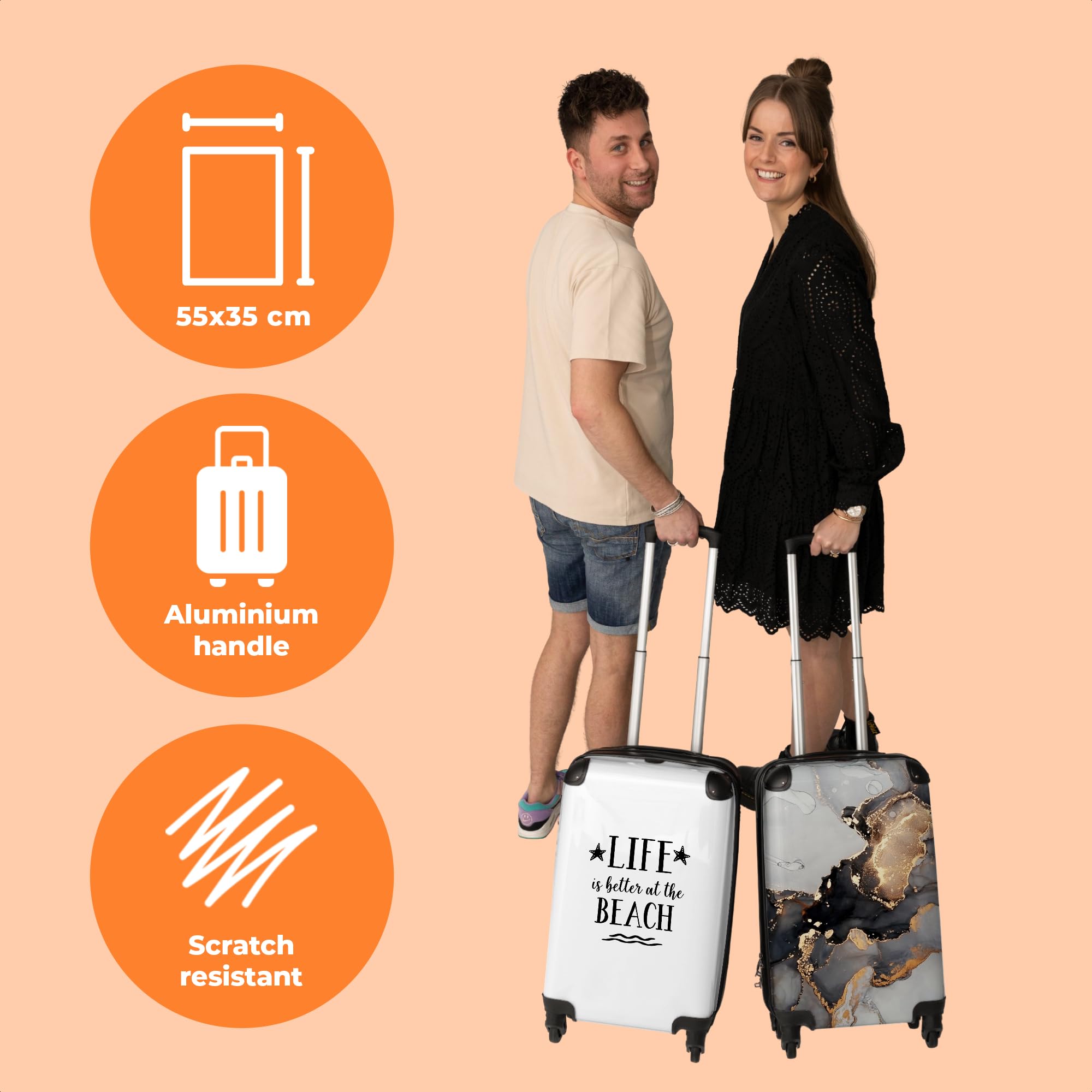 NoBoringSuitcases© Valigia Bagaglio a mano Trolley Case Piccola | viaggio con 4 ruote - 'La vita è migliore in spiaggia' - Citazioni - Stelle - Bianco - bordo