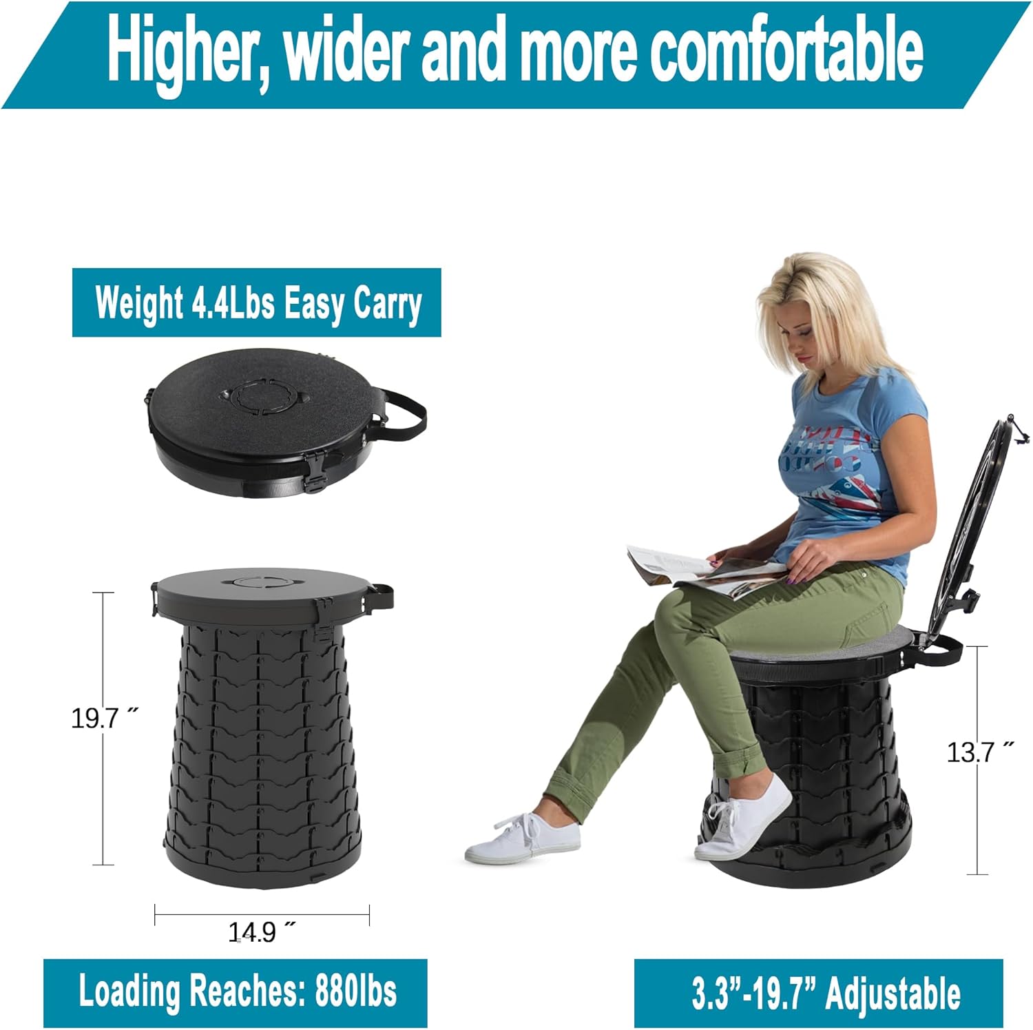 ALEVMOOM XXL Portable Toilet - 19.7" H Taller Wider Collapsible Foldable Camping Toilet with Lid, Strap, Bag - Adjustable for Camping, Hiking, Travel and Car