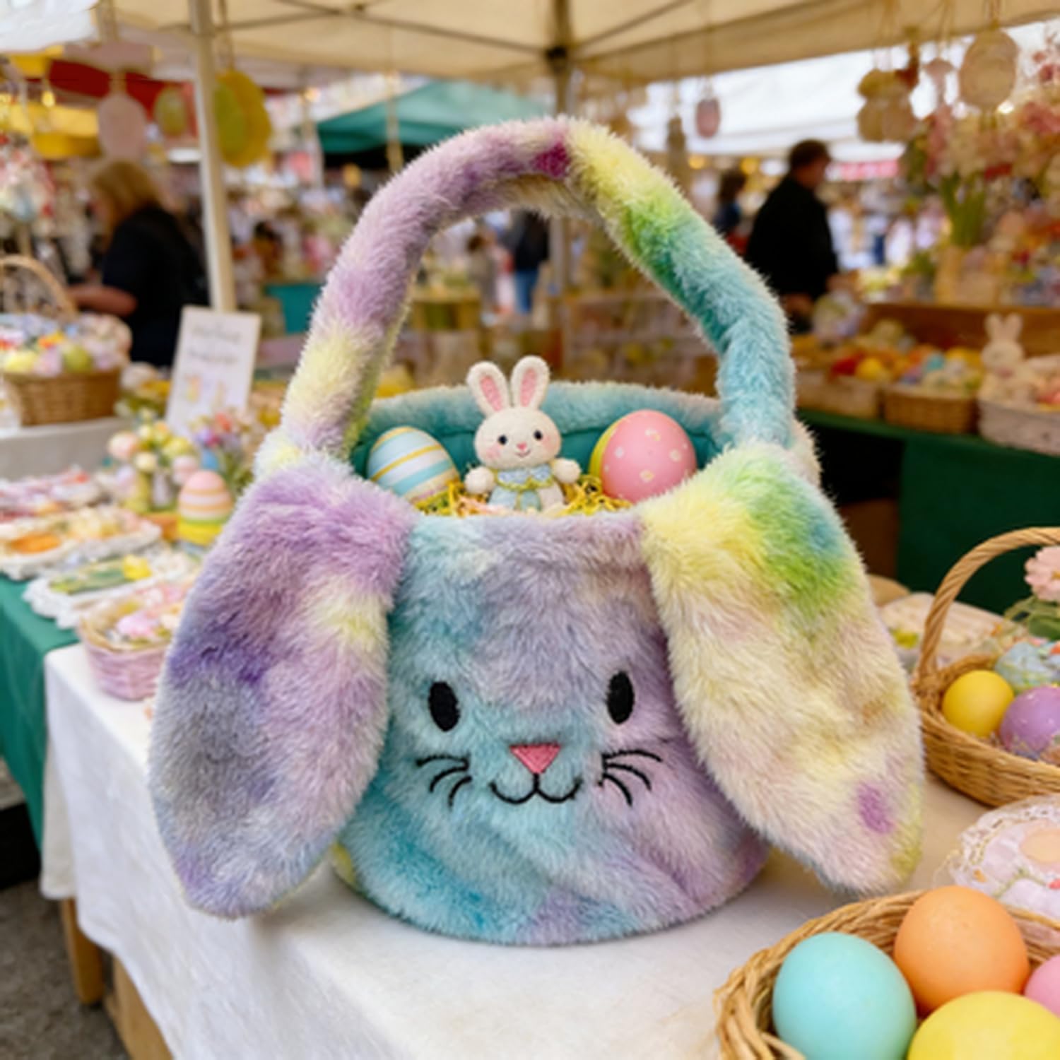 Easter Basket Cute Bunny Basket Personalized Soft Plush Rainbow Dyed Tote Bag, Plush Easter Buckets with Big Eared Rabbit Bags Holiday Tote Bags for Holiday Decorations Gifts Storage (Colorful)