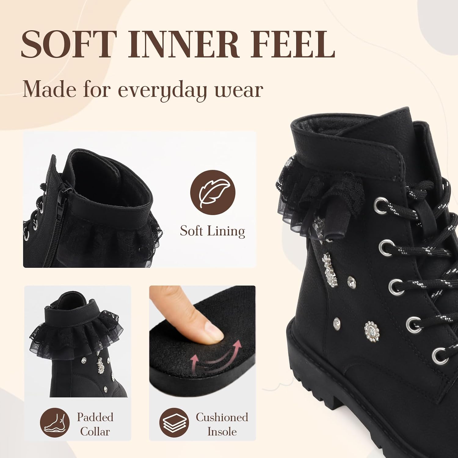 Wulubaba Girls Combat Boots,Pearl Lace Ankle Boots with Rhinestone Star&Zip | PU upper, rhinestone star, pearl lace, ruffle trim, side zipper, 1 in heel, PVC lug sole, school, parties & daily wear