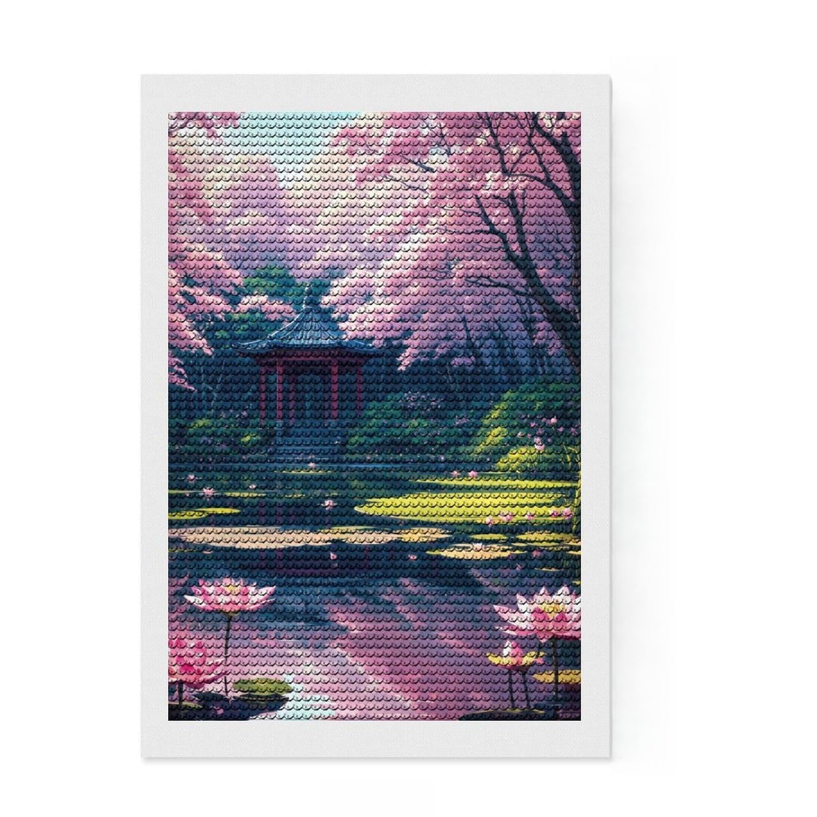 Junmoney Shrine Lotus Sakura Japan Diamond Painting Set 8"x12", Christmas Gift, Adhesive Canvas, Vintage Style Decor, Canvas Picture, Round Gems