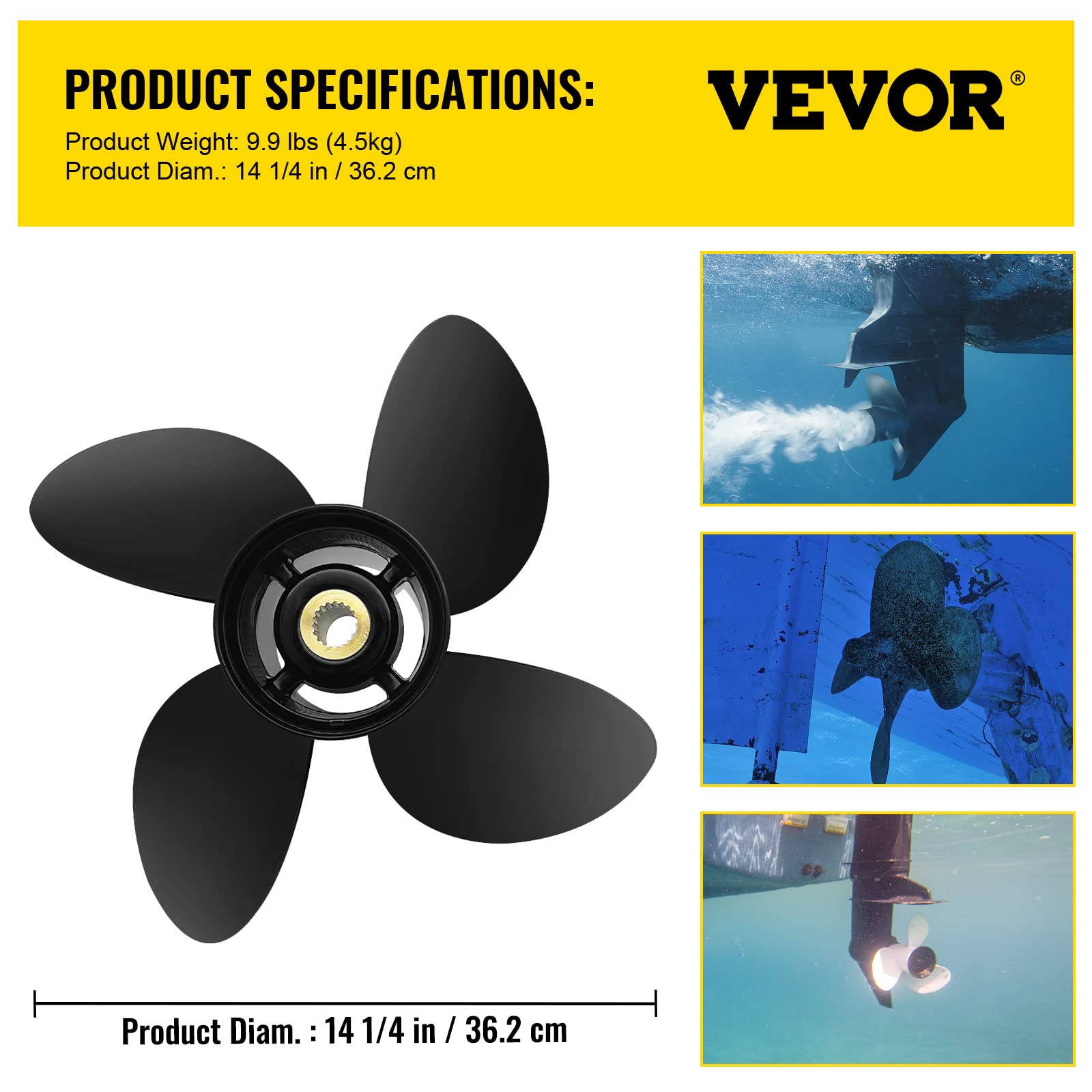 VEVOR Elica fuoribordo, sostituisce OEM, elica per Barca in Alluminio a 4 Pale 1/4" x 19", con 19 scanalature dei Denti, Accessori per Barche elica di Ricambio