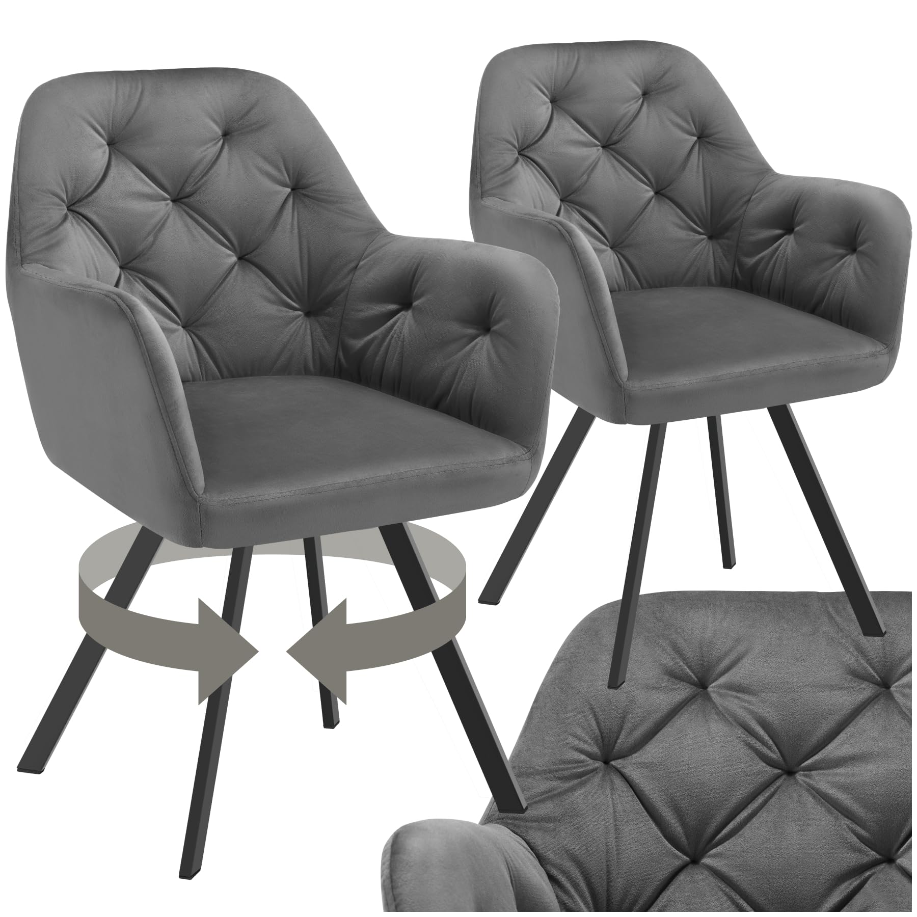 tectake® 2er Set Esszimmerstühle drehbar mit Armlehne, Samtstoff Drehstuhl ergonomisch, Möbel für Wohnzimmer, Stühle für Dining Lounge, Office, als Schminkstuhl oder Schreibtischstuhl - anthrazit