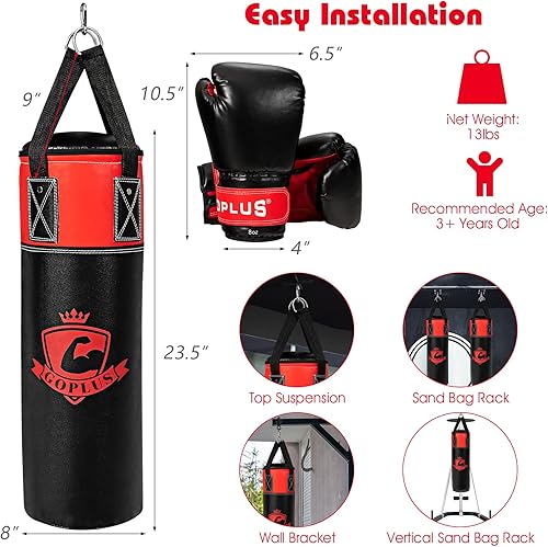 Miniatura 7 de Goplus Juego de saco de boxeo para niños, bolsa pesada de boxeo llena con guantes de boxeo y envolturas de mano, bolsa de almacenamiento portátil,