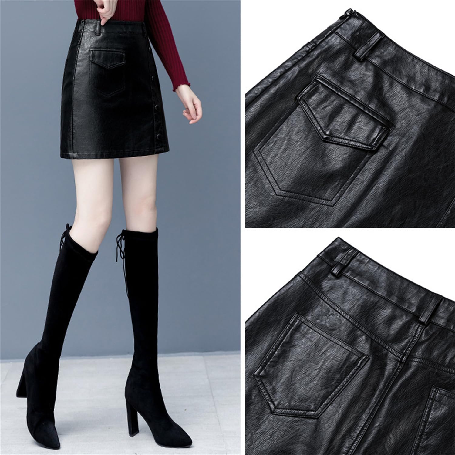 Jupe Simili Cuir Mini A-Line Jupe Cuir Fermeture Éclair Femmes Jupe évasée Plissée Solide Jupes Patineuses Courtes Grande Taille Short Décontracté pour Femme Rétro Bouton