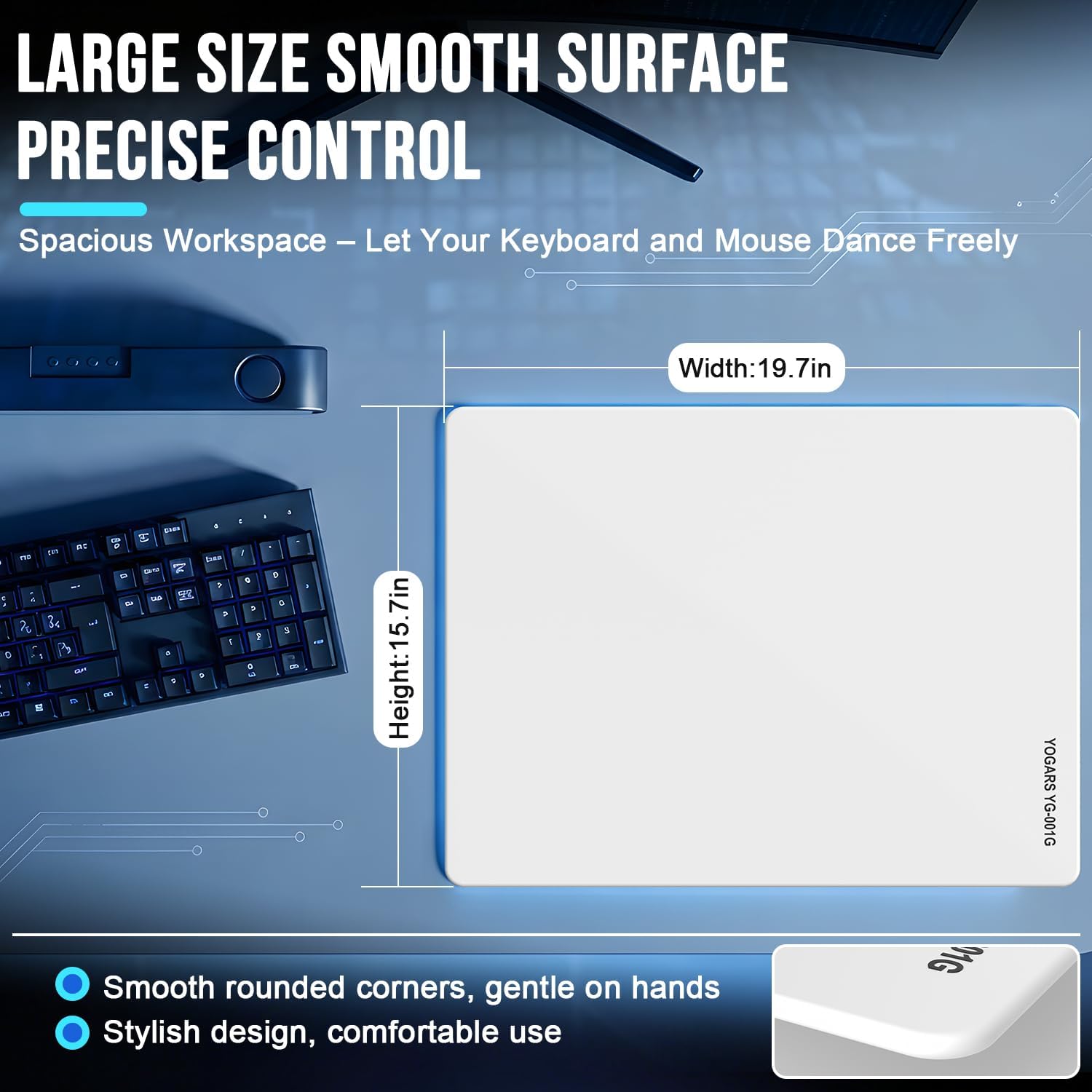 Tempered Glass Gaming Mouse Pad, Ultra-Smooth Micro-Etched Surface Speed & Control, Large 19.7"x15.7" Anti-Slip Base, Easy Clean Scratch Resistant for Esports and Work (White)