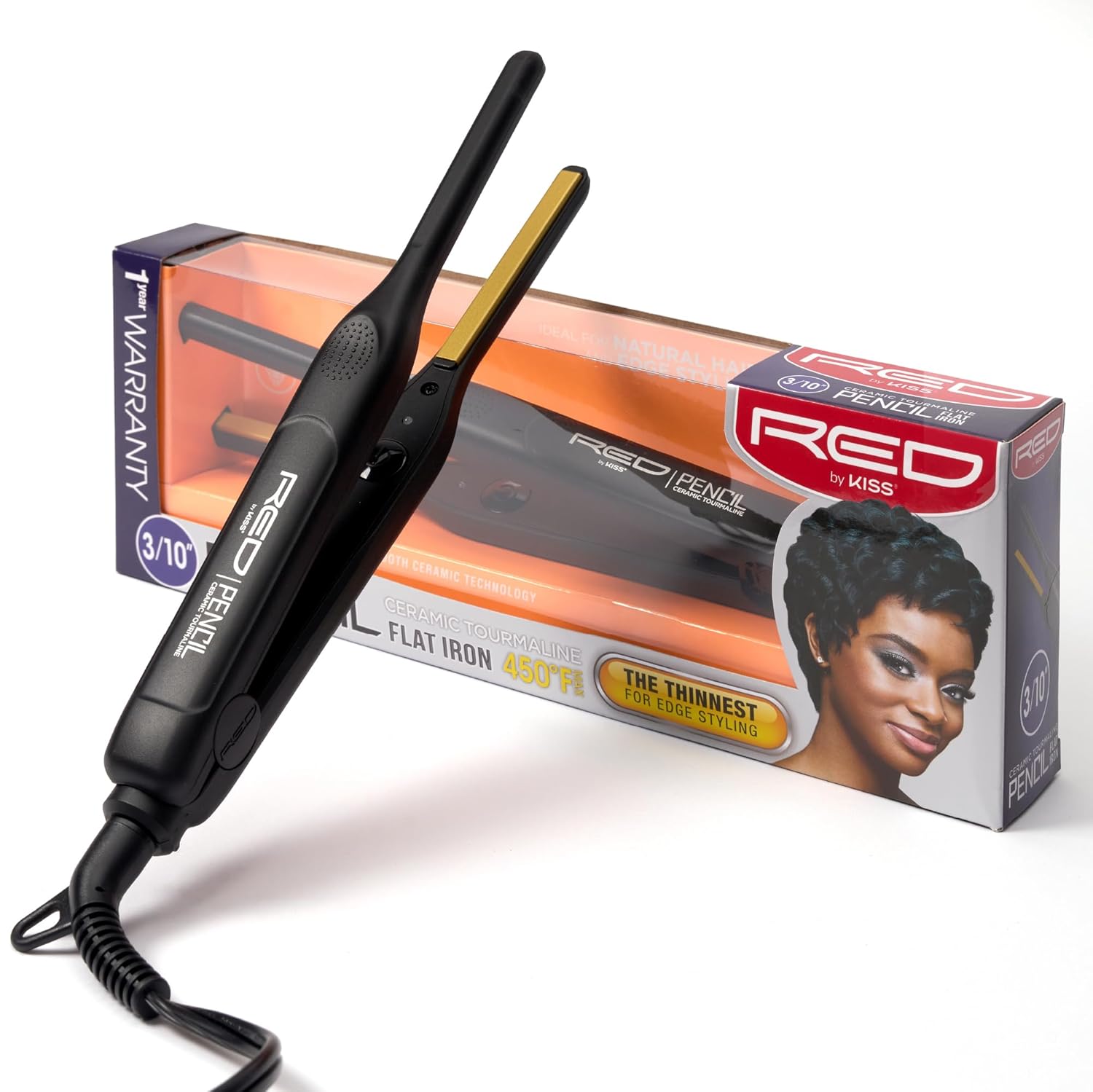 RED by KISS 0.3 Inch Pencil Flat Iron with Ceramic Tourmaline, Hair Straightener for Thin and Short Hair Edge Styling, Even Heat Distribution with Fast Heat Up 450° F Max Temperature, Black
