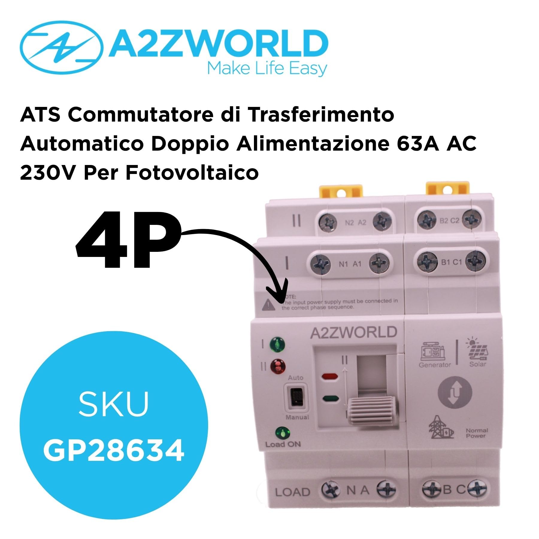 A2ZWORLD Interruttore di Trasferimento Automatico, ATS Modulare 4P AC400V 63A, Commutatore di Trasferimento Automatico Fotovoltaico, Occupa 4 Moduli Barra DIN