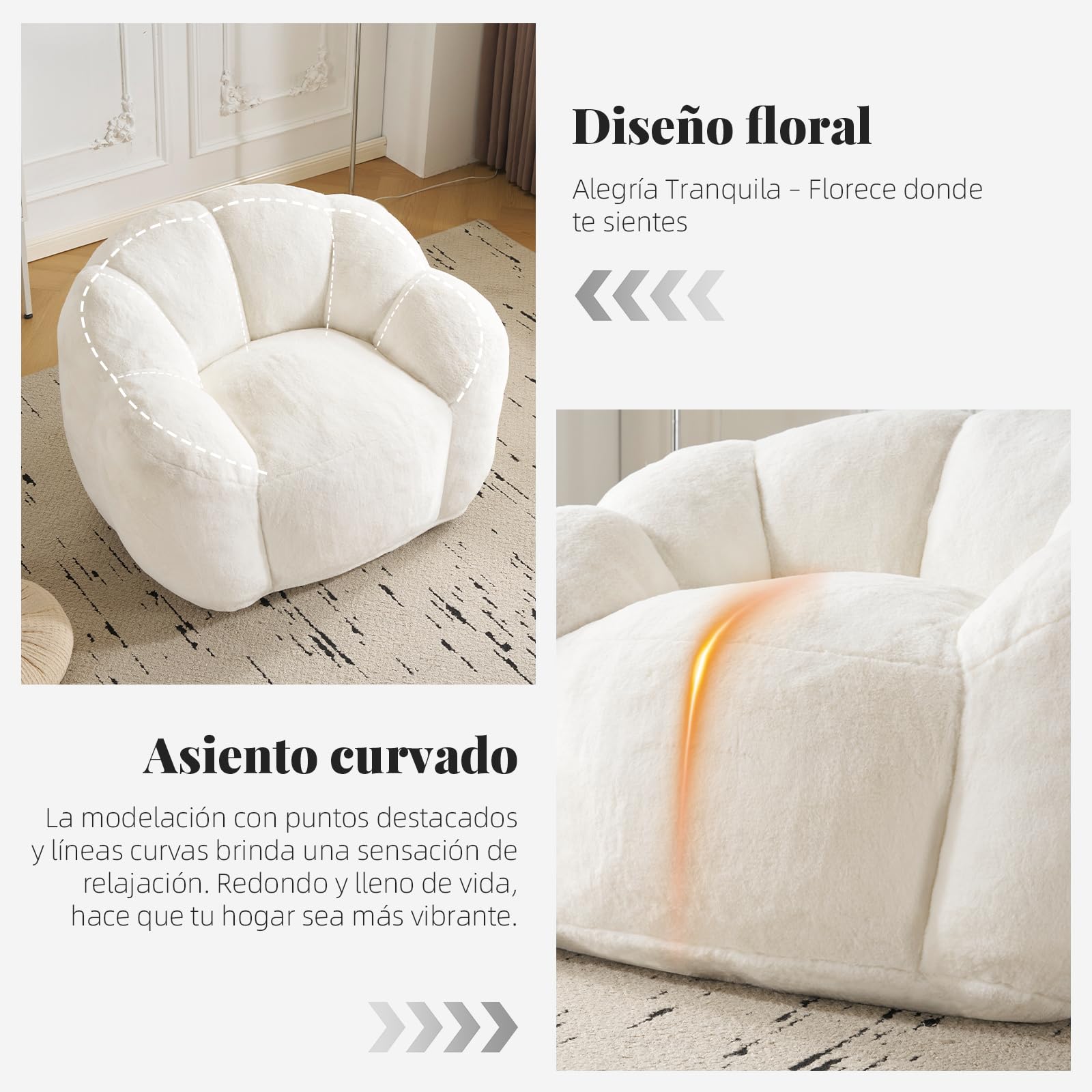 Puf para Adultos con Relleno, Puff con Forma de petaleno, Bolso Grande de Piel sintética, cómodo sillón, Espuma de Alta Densidad, Dormitorio, Sala de Estar (Crema)