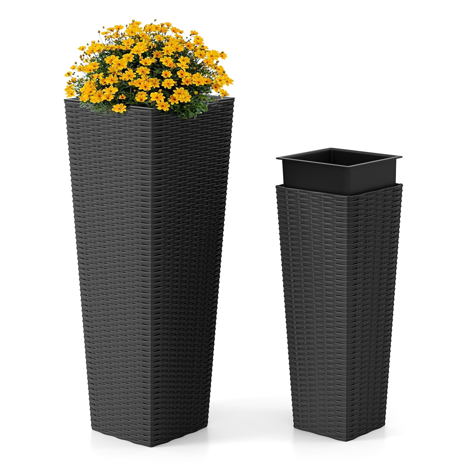 COSTWAY 2 Vasi Alti per Piante da Interno ed Esterno, Grandi Fioriere in Rattan con Vassoi Interni Rimovibili, Fori di Drenaggio, Fioriere Decorative per Giardino, Cortile e Balcone (Nero)