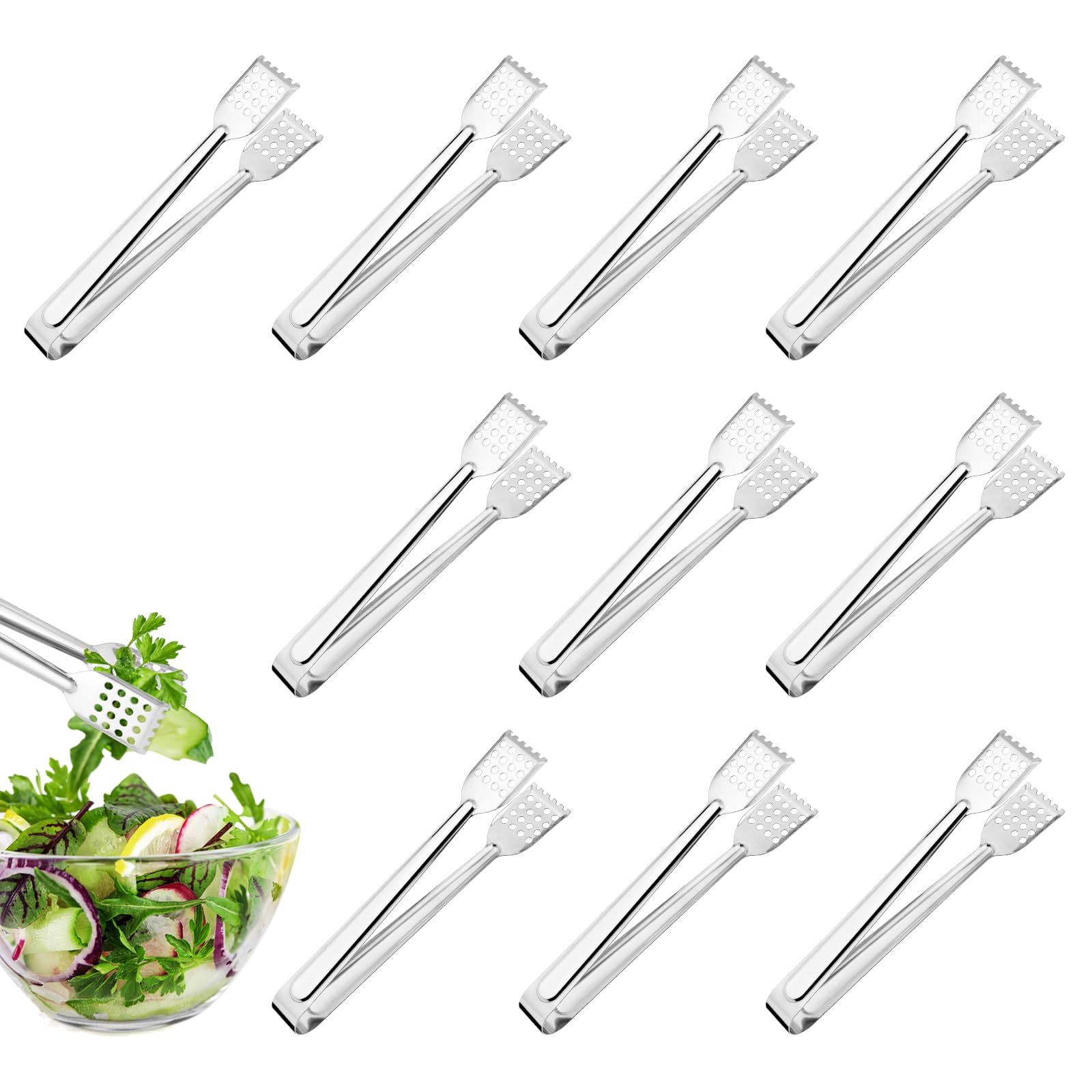 JINTANG 10 pcs Serving Tongs Buffet,Stainless Steel Food Kitchen Tongs Frying Tong, Salad Tongs for Wedding Birthday Party Candy Bar (7 Inch A-10pcs)