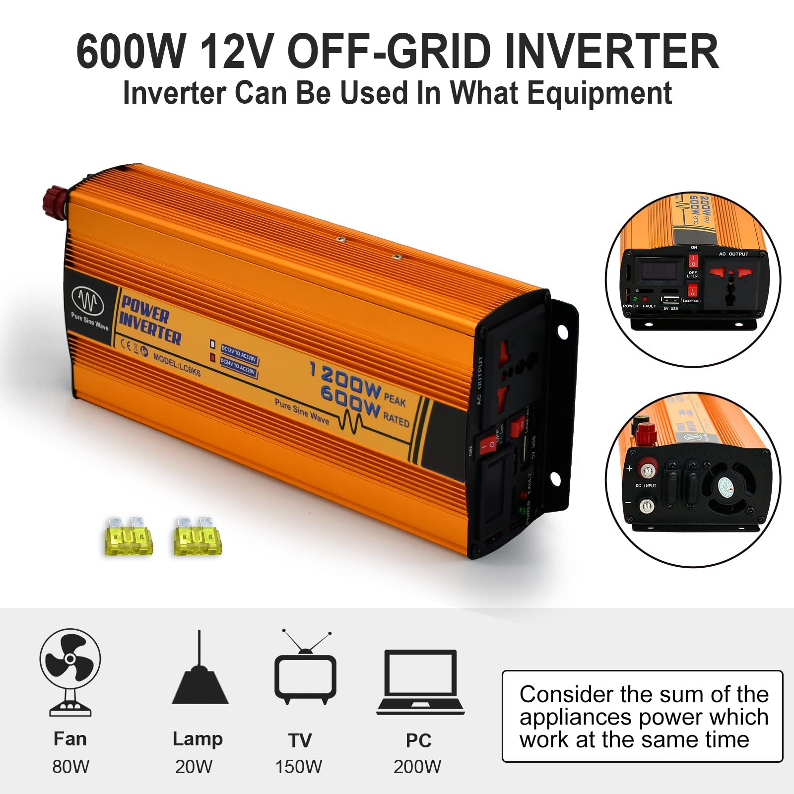 ECO-WORTHY Invertitore a energia solare da 600 W, 12 V, DC 12 V, AC 220 V, onda sinusoidale per auto, camper, caravan, campeggio e sistemi solare