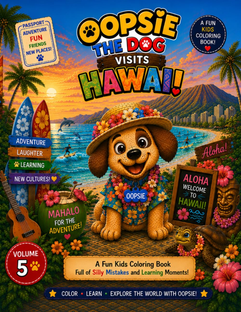 Oopsie the Dog Visits Hawaii: A Fun Kids Coloring Book Full of Silly Mistakes and Learning Moments (Oopsie the Dog Passport Adventures)