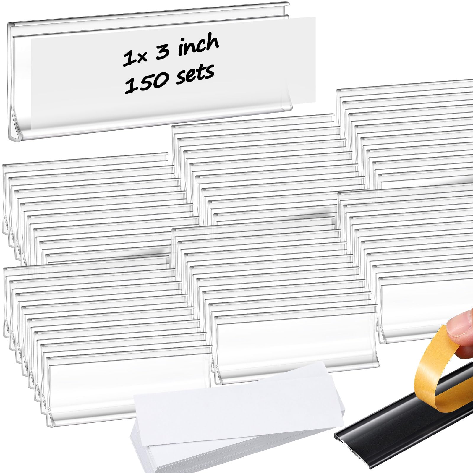 3 x 1 Inch Self Adhesive Label Holders with Paper Label Inserts Clear Shelf Tag Label Holders Plastic Price Tag Holder for Supermarket School Library Bookshelves Mailbox Storage Bins (150 Pieces)