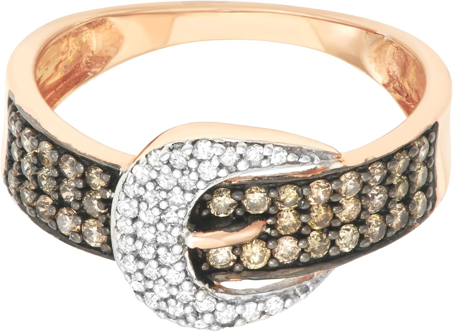1/2 ct White & Champagne Diamond Belt Buckle Ring crafted in 10KT Rose Gold Real Diamond Ring for Women