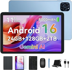Tablet, Android 16 Tablet with 11 Inch FHD Display, 24GB RAM 128GB ROM /2TB TF, T615 Octa-Core+13MP Camera, 8000mAh, Widevine L1, 3 in 1 Tablets with Keyboard Mouse Pen, 4-Year Warrant, Blue