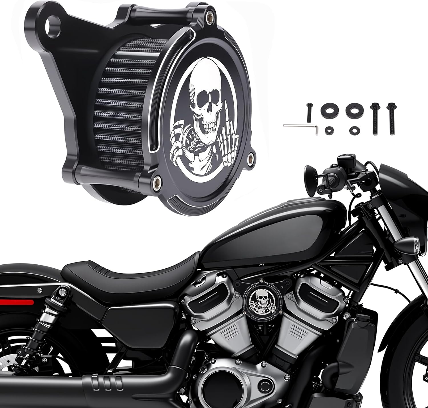 Skull Style Air Filter CNC Air Cleaner for Harley Sportster Nightster RH 975 RH975S Special 2022-2024 Accessories Motorcycle Air Intake Replacement (Black A)