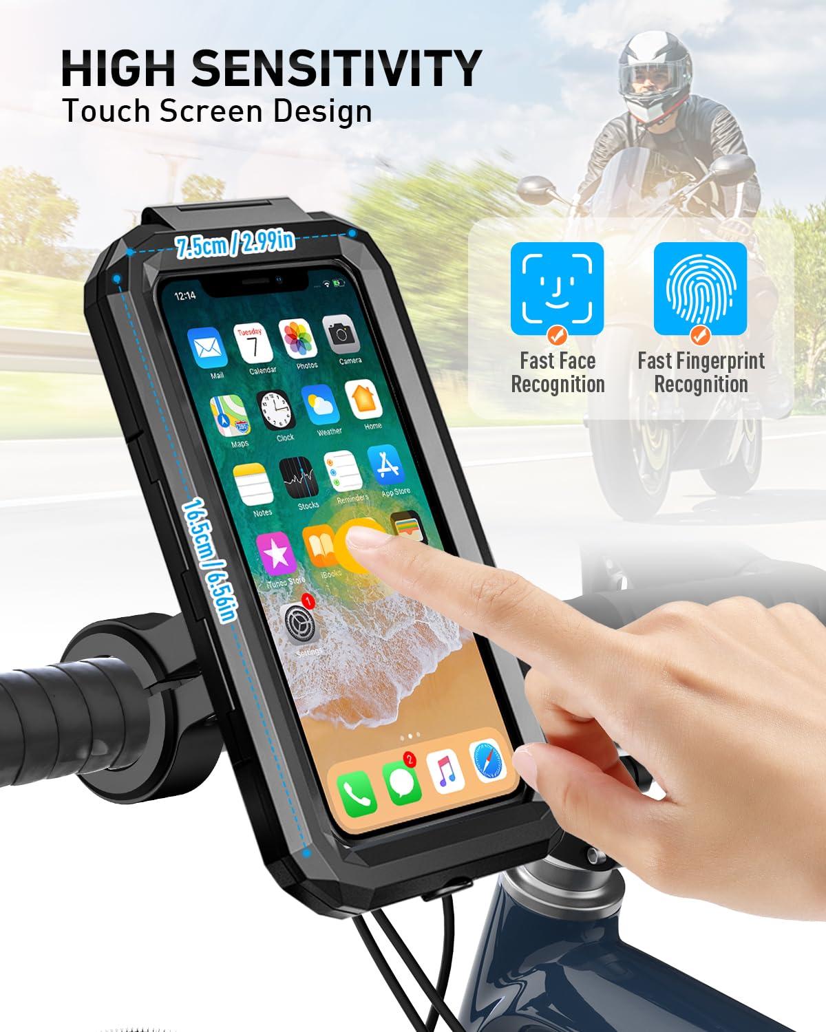 LUROON Telefoonhouder voor fiets, motorfiets, scooter, universeel, touchscreen, waterdicht, 360 graden draaibaar, MTB, stuurhouder, telefoonhoes, voor 4,5-6,8 inch smartphones (zwart, L