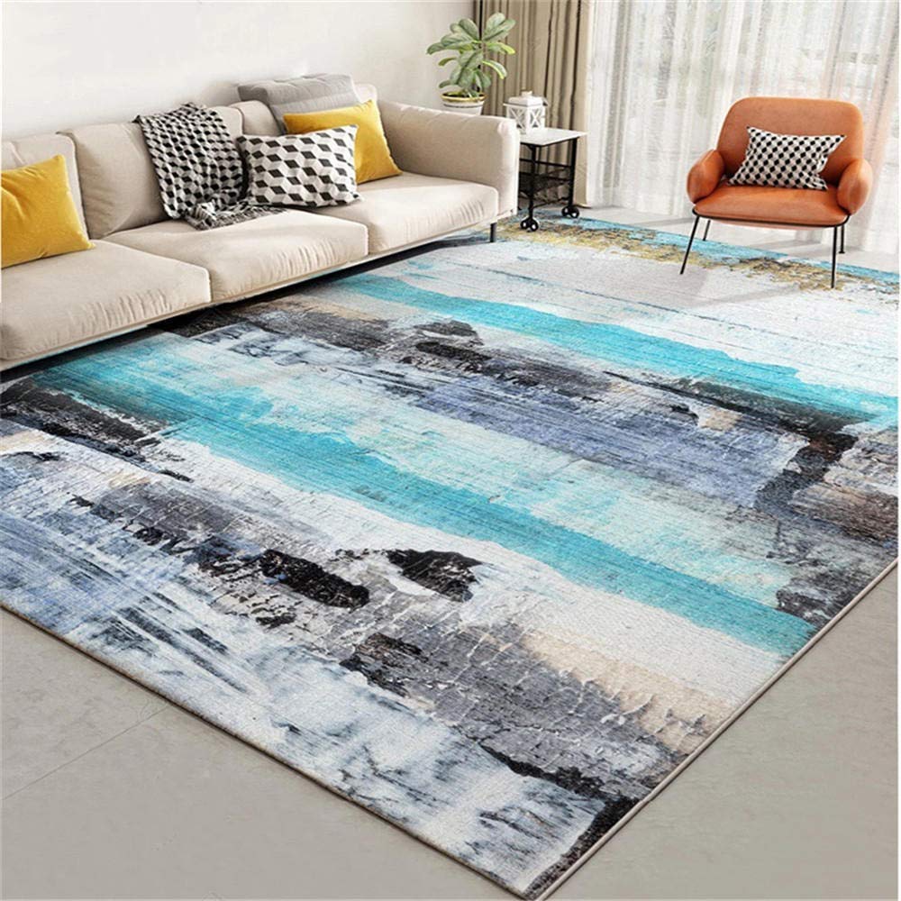 Tapis abstrait bleu peinture à l'huile lavable au design artistique