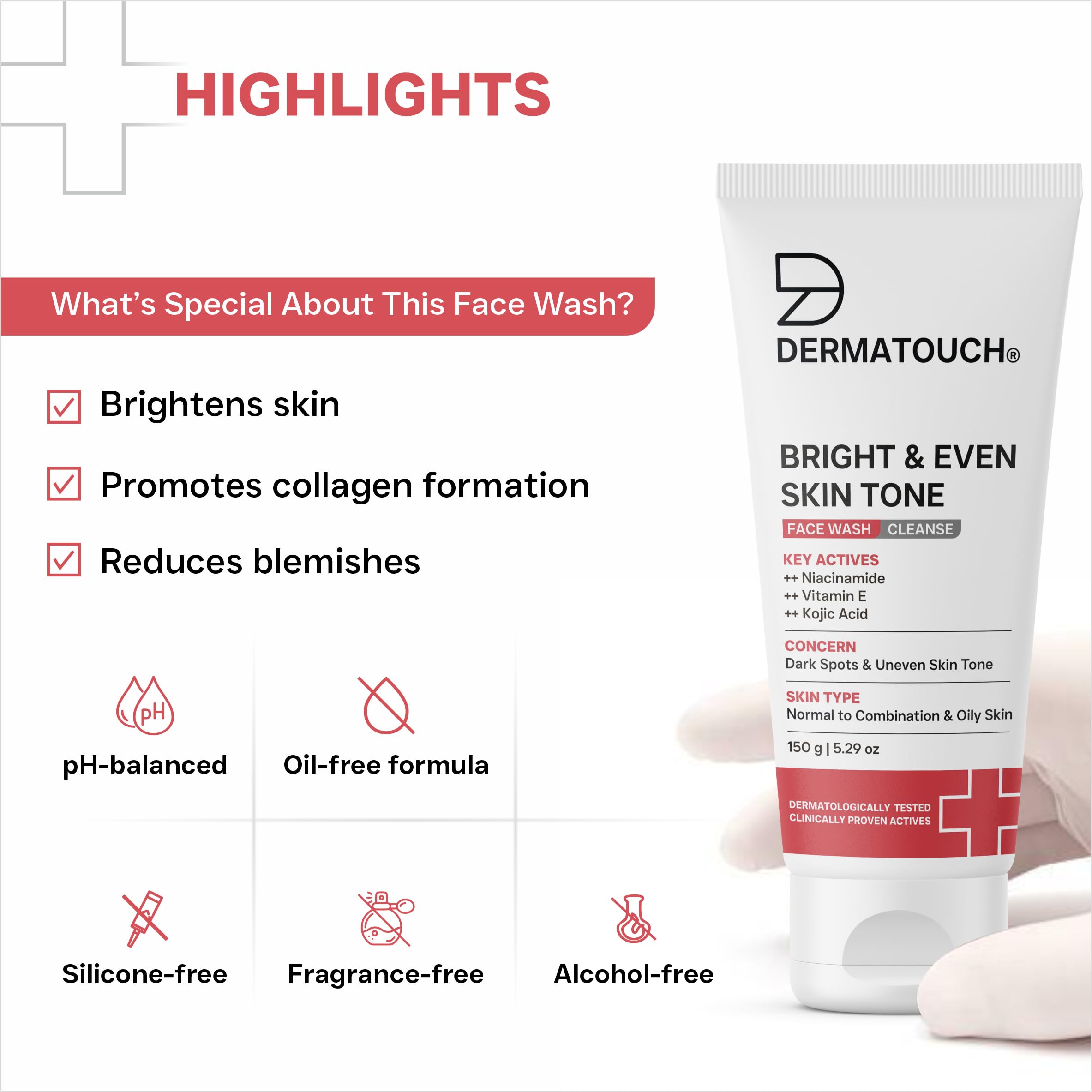 DERMATOUCH Bright & Even Skin Tone Face Wash | For Tan & Dark Spot Removal | For Even & Glowing Skin | For All Skin Types | For Both Men & Women - 150g