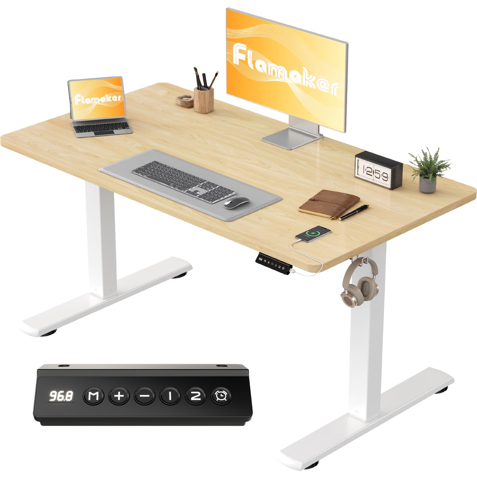 Flamaker Höhenverstellbarer Schreibtisch Ganze Tischplatte 110 x 53 cm, Schreibtisch Höhenverstellbar Elektrisch mit Memory Steuerung, Gaming Tisch mit Sitzende Erinnerung und USB-Aufladung (Beige)