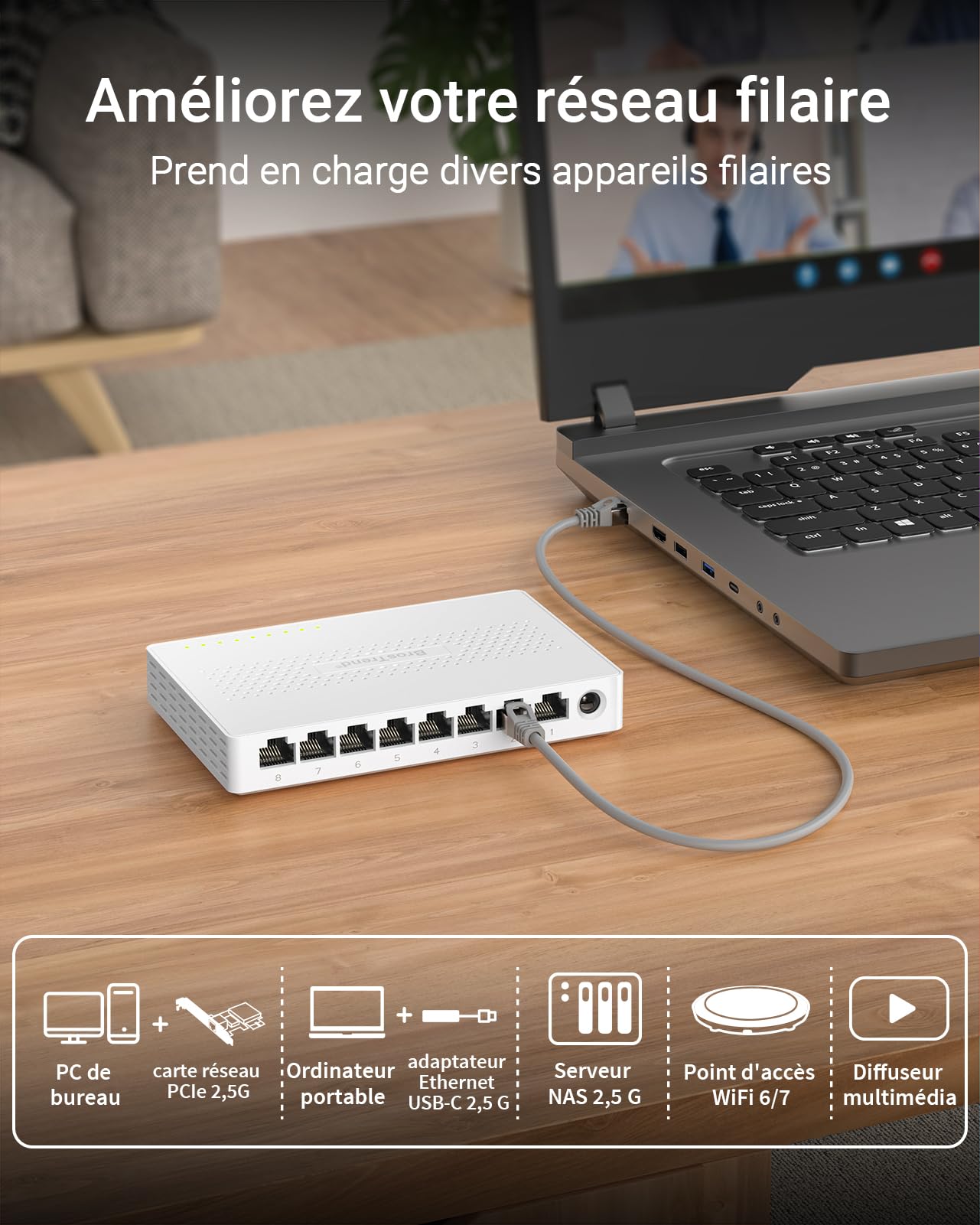 BrosTrend Switch Ethernet 2.5G 8 Ports, Switch RJ45 2.5Gb Unmanaged, 8x 2.5G Base-T Ports, Commutateur Réseau Compatible avec 100/1000/2500Mbps PC NAS, Plug-and-Play, sans Ventilateu, Protection à Vie