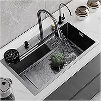 Vista 1 de Fregadero de cocina empotrado o empotrado, color negro, de acero inoxidable 304, Nano Raindance, con lavaplatos y grifo extraíble, fregaderos