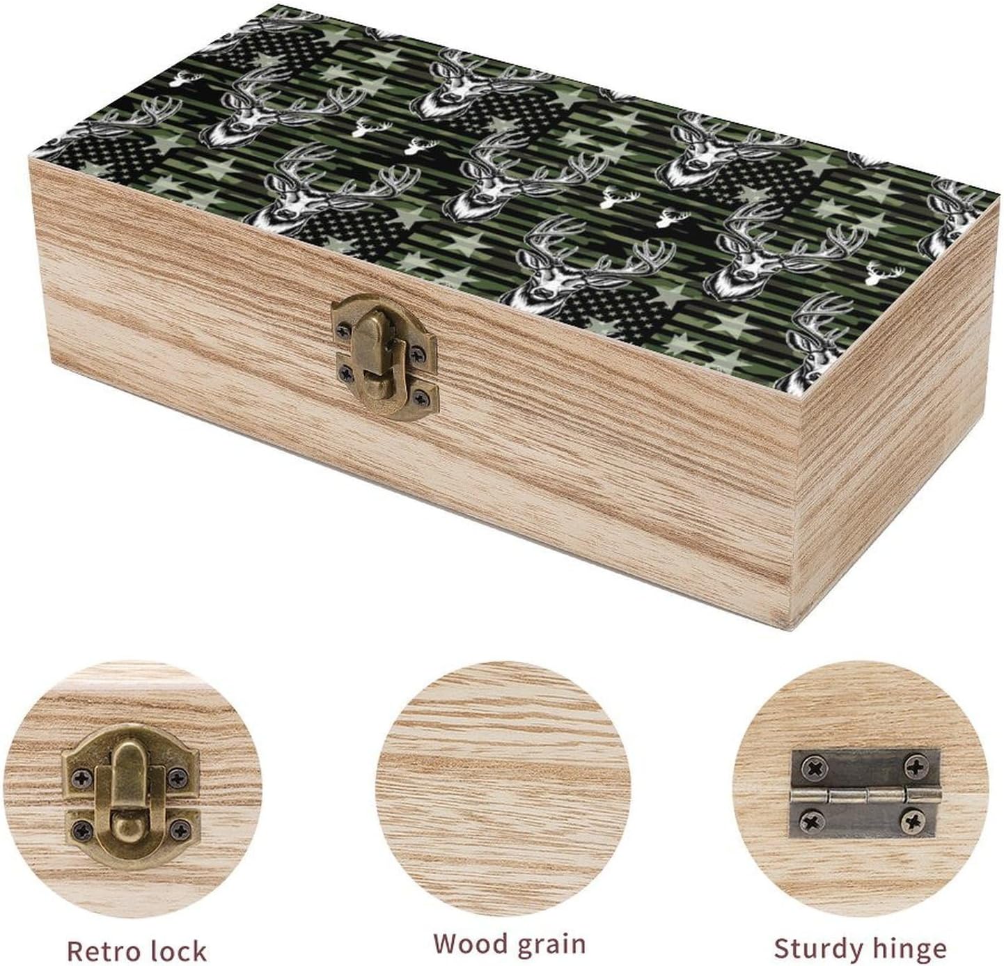 Rectangle Decorative Storage Box, Wooden Keepsake Organizer with Hinged Lid Deer Camo Camouflage American Flag Hunting Black Art, Jewelry Memory for Birthday Office image 3