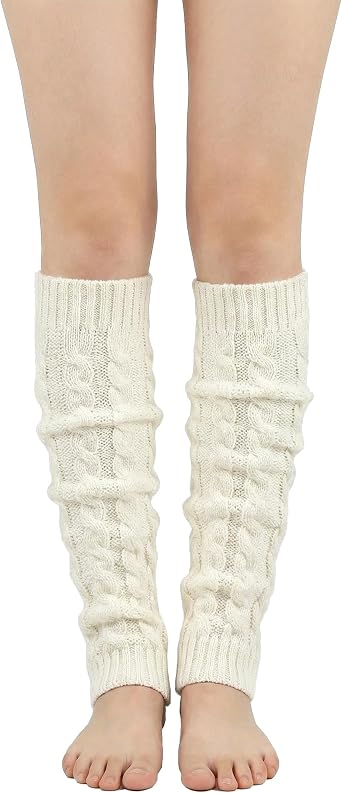 UPSTORE Knit Winter Thermal Warm Leg Warmers Cable Knit Leg Warmers Knitted Crochet Long Socks for Women Girls Winter Warm Long Boot Knit Knee High Socks White